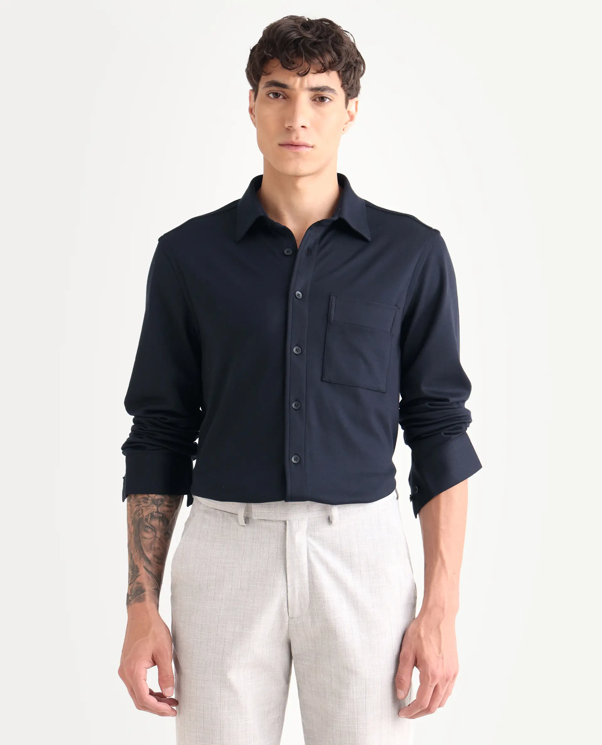 Rare Rabbit Men's Wesk Dark Navy Polyester Blend Spread Collar Regular Fit Plain Shirt - Image 4