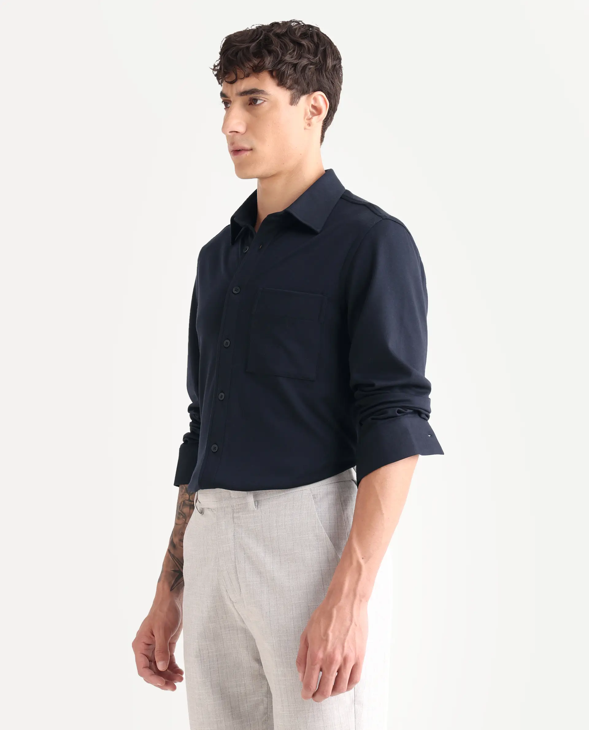 Rare Rabbit Men's Wesk Dark Navy Polyester Blend Spread Collar Regular Fit Plain Shirt - Image 5