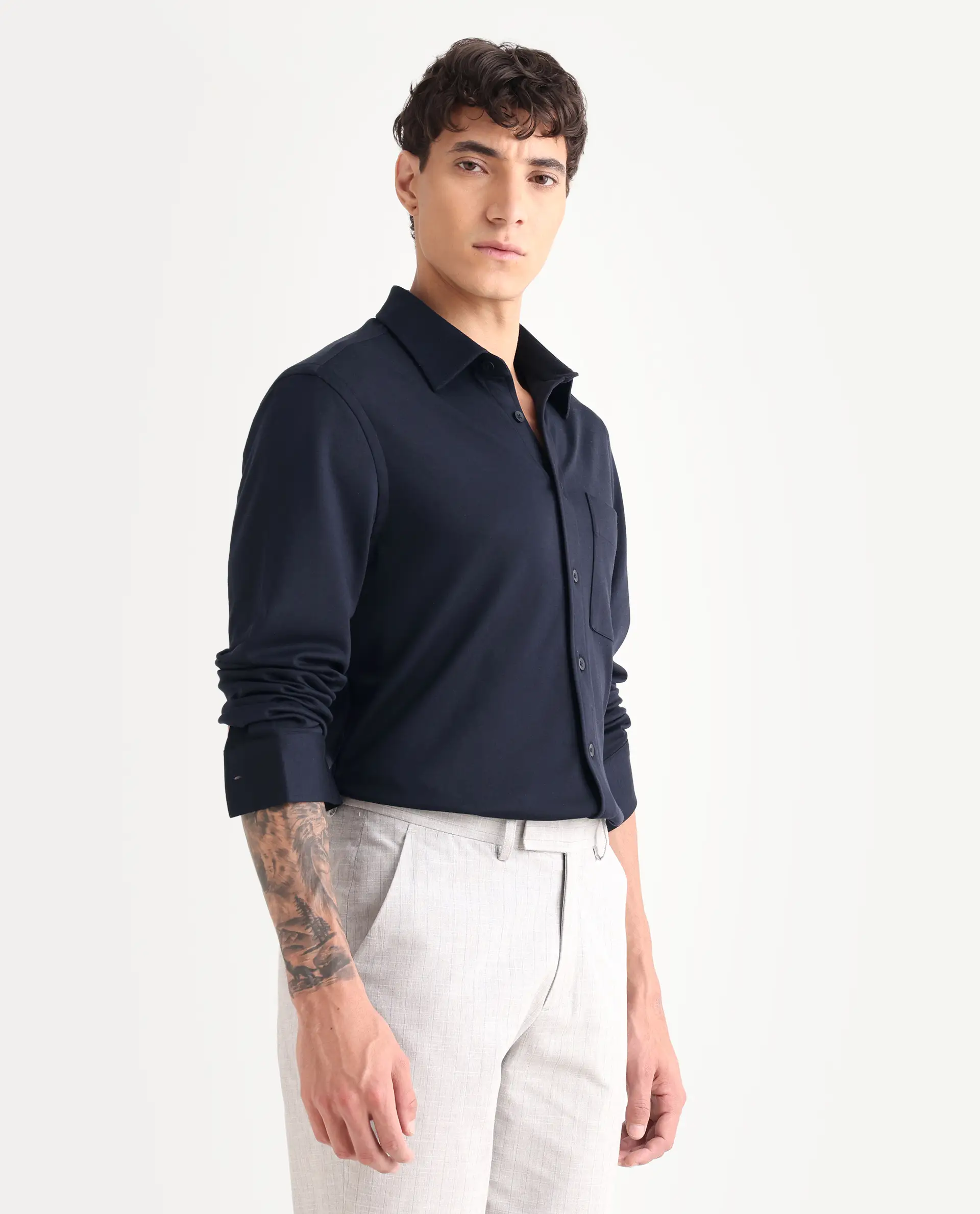Rare Rabbit Men's Wesk Dark Navy Polyester Blend Spread Collar Regular Fit Plain Shirt - Image 6