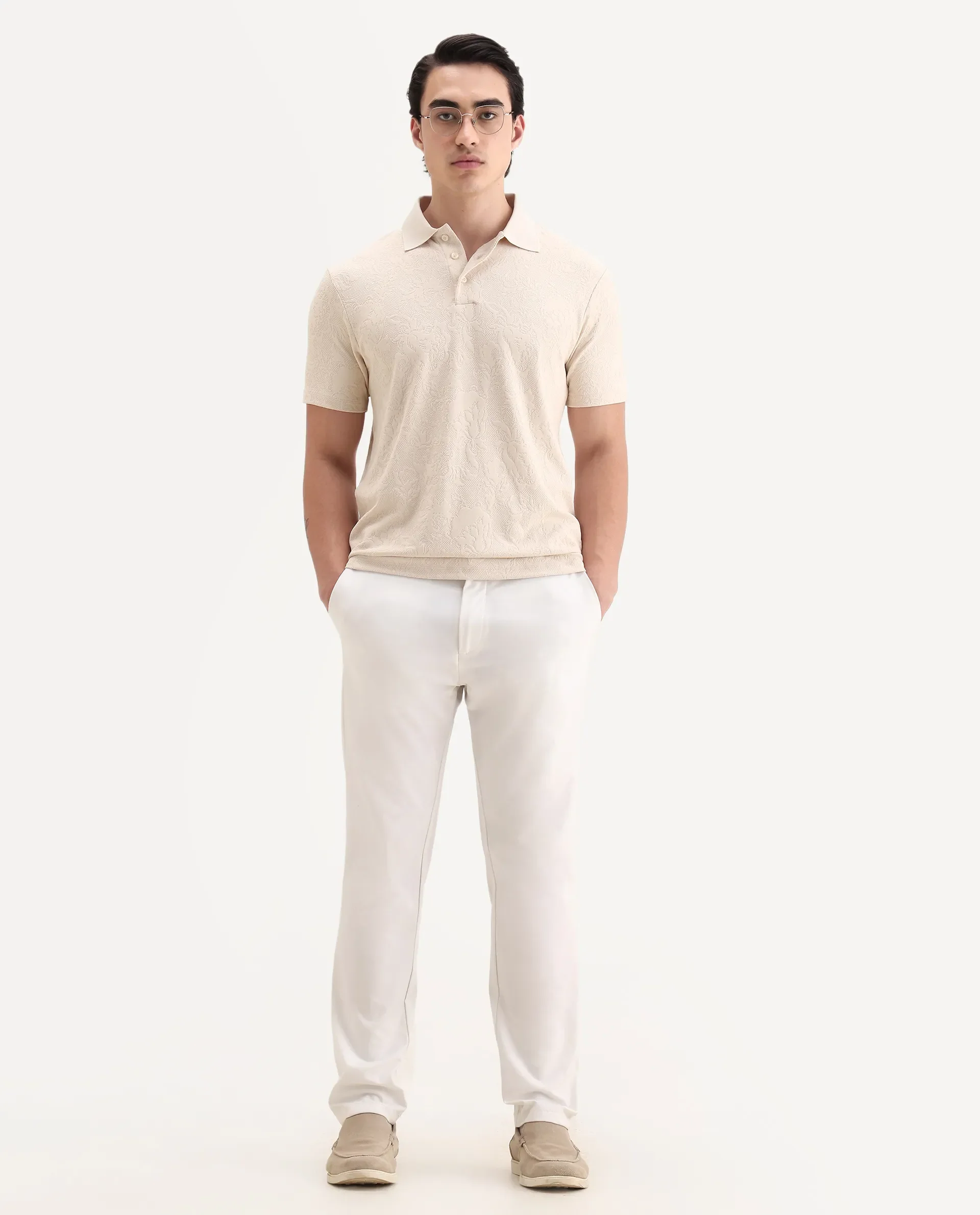 Rare Rabbit Men's Weso Off White Poly Blend Jacquard Regular Fit Half Sleeve Polo - Image 2