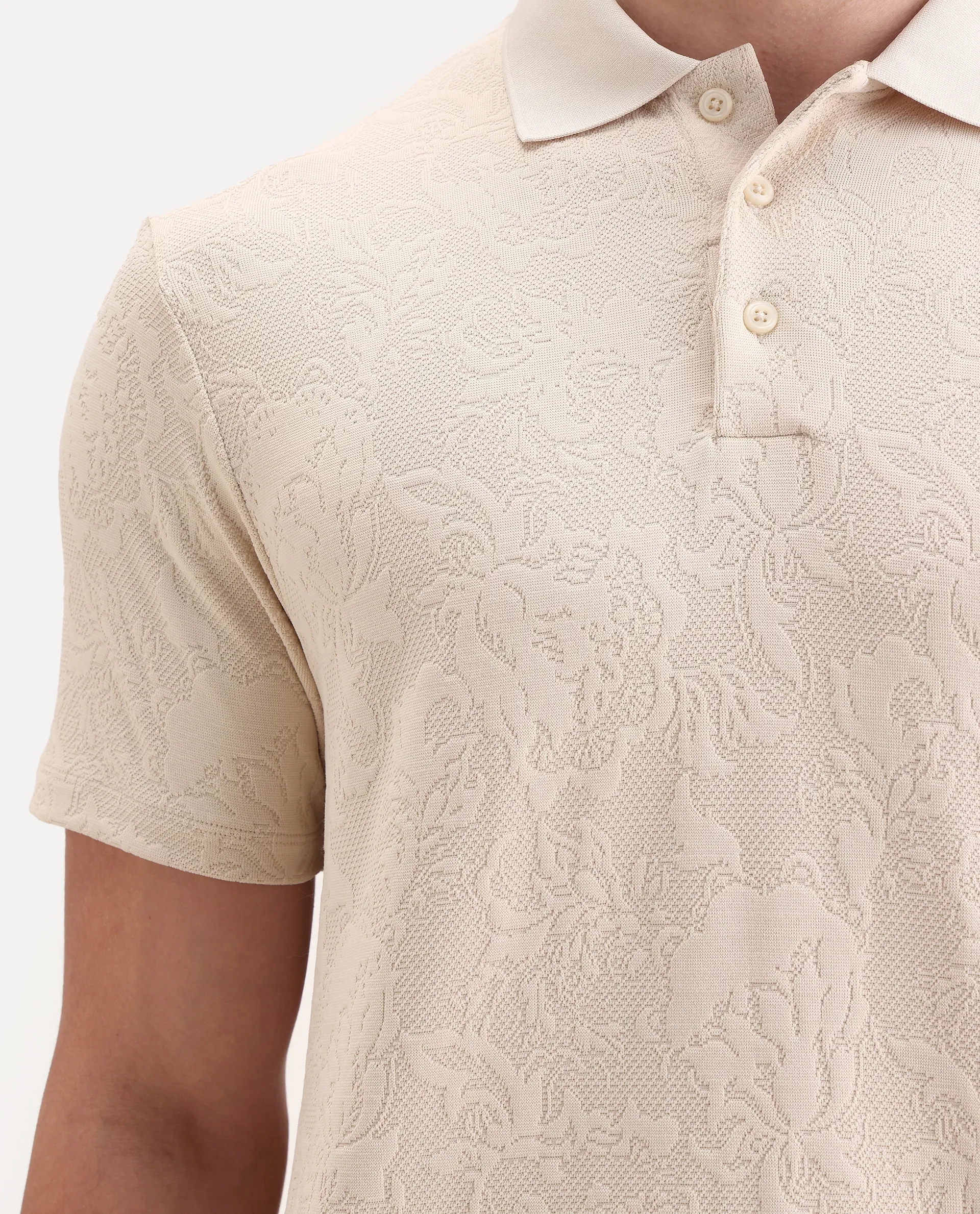 Rare Rabbit Men's Weso Off White Poly Blend Jacquard Regular Fit Half Sleeve Polo - Image 3