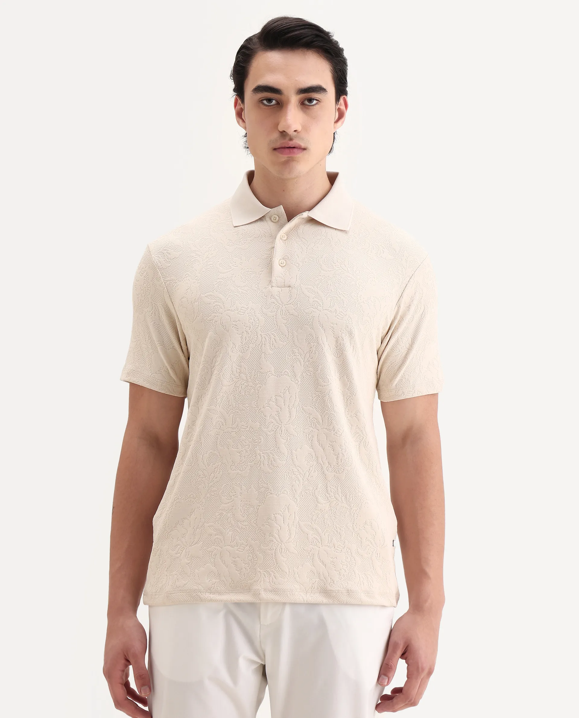 Rare Rabbit Men's Weso Off White Poly Blend Jacquard Regular Fit Half Sleeve Polo - Image 4