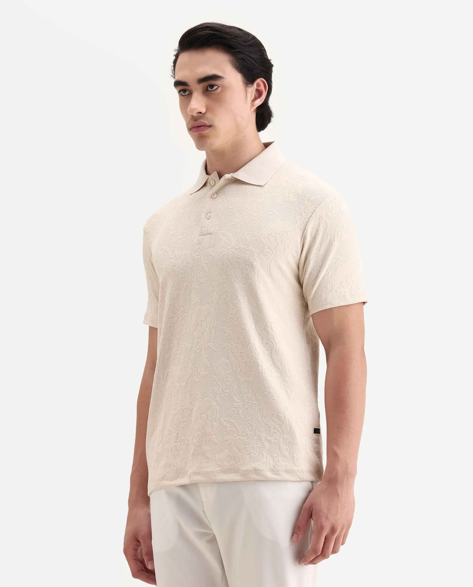 Rare Rabbit Men's Weso Off White Poly Blend Jacquard Regular Fit Half Sleeve Polo - Image 5
