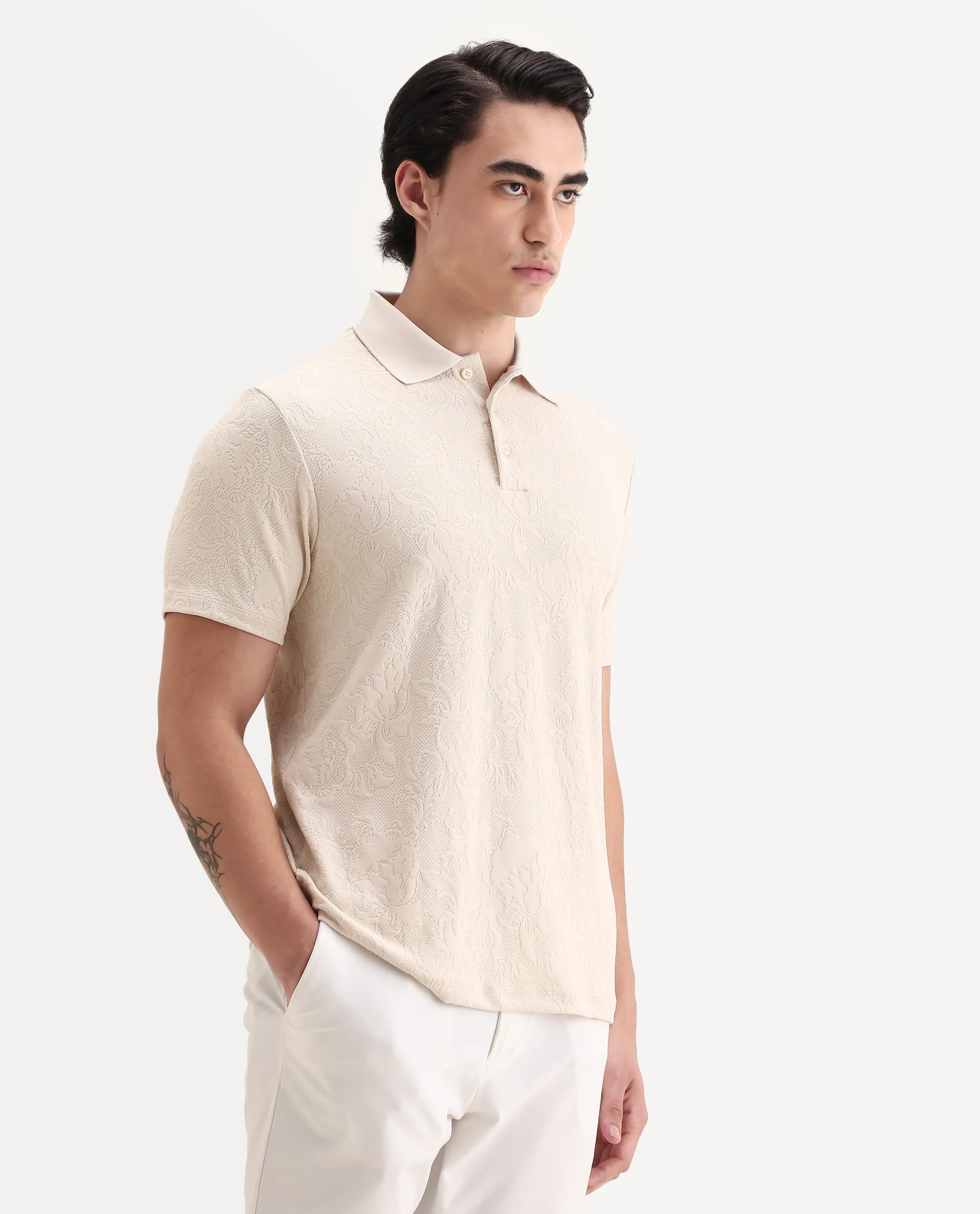 Rare Rabbit Men's Weso Off White Poly Blend Jacquard Regular Fit Half Sleeve Polo - Image 6