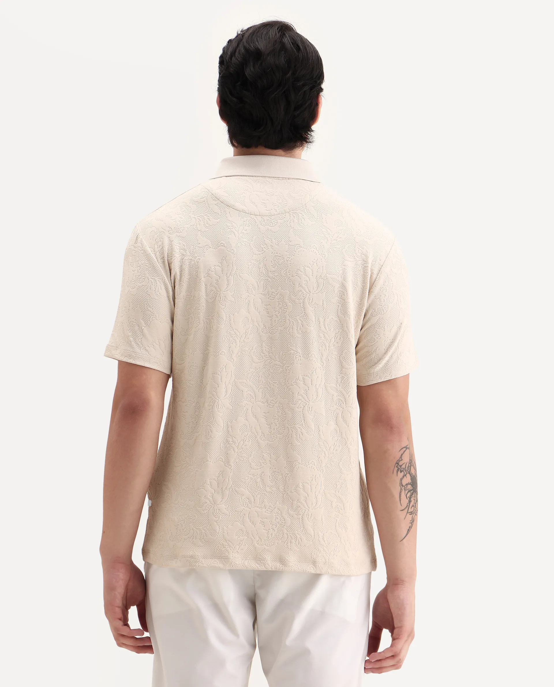 Rare Rabbit Men's Weso Off White Poly Blend Jacquard Regular Fit Half Sleeve Polo - Image 7