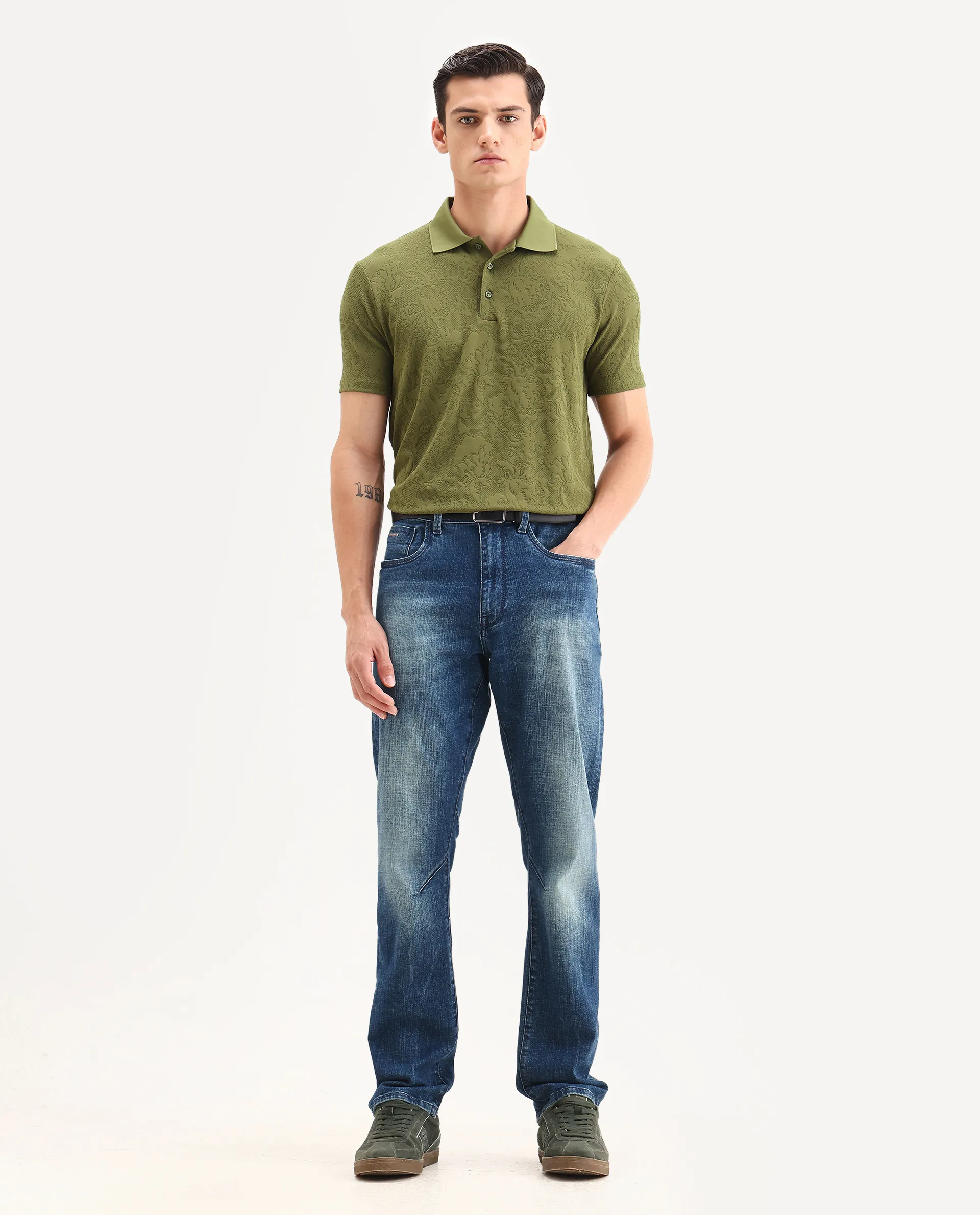Rare Rabbit Men's Weso Olive Poly Blend Jacquard Regular Fit Half Sleeve Polo - Image 2