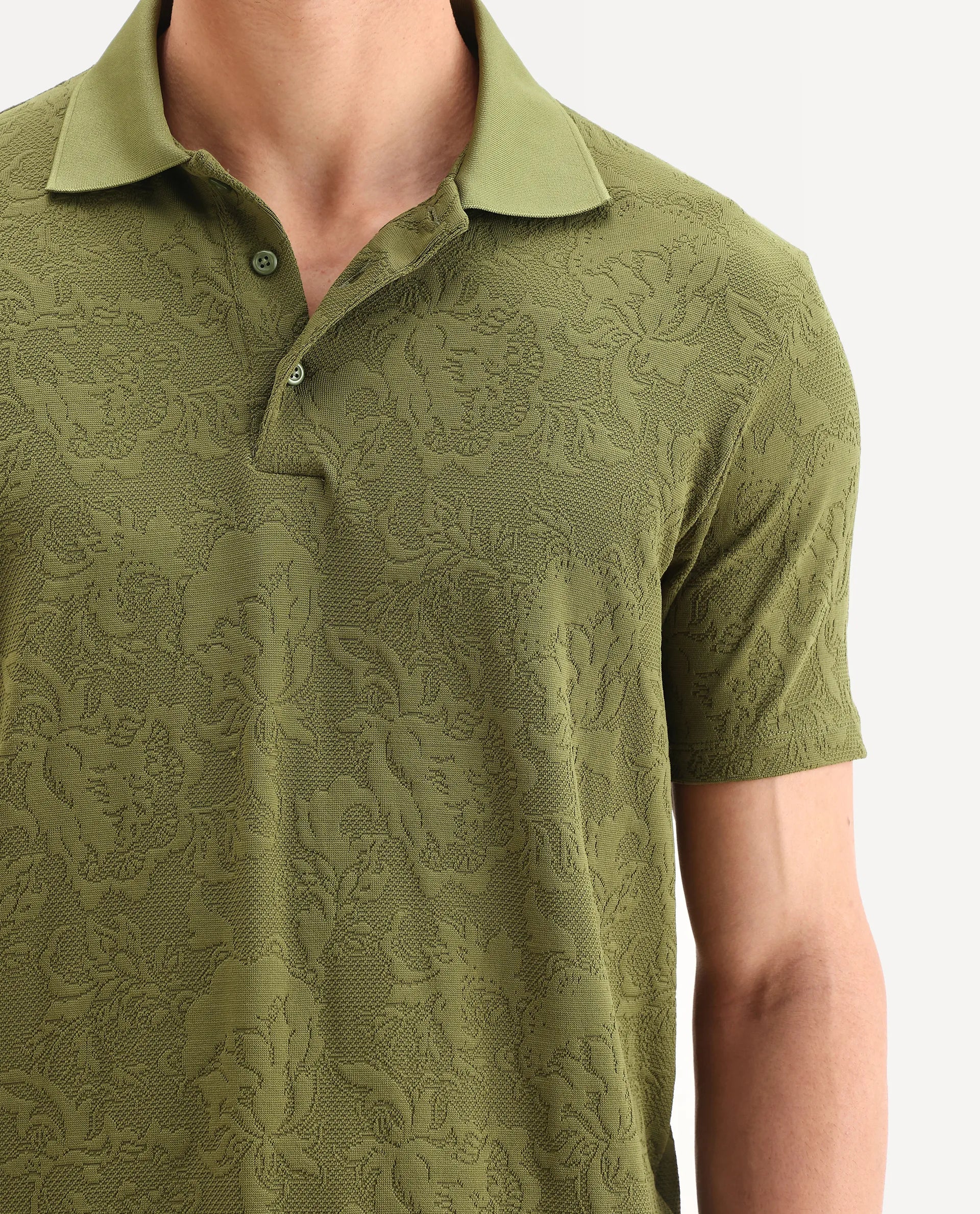 Rare Rabbit Men's Weso Olive Poly Blend Jacquard Regular Fit Half Sleeve Polo - Image 3