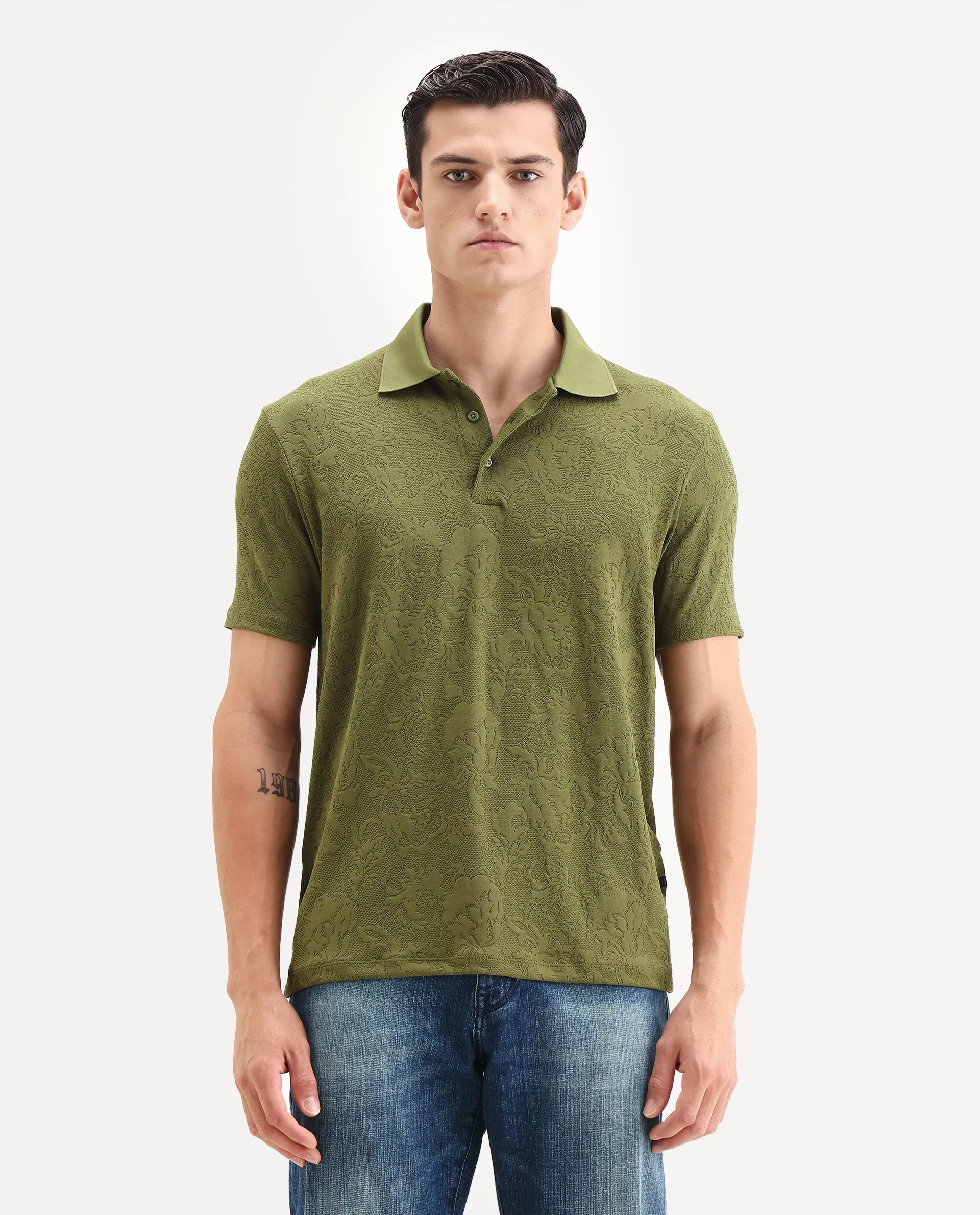 Rare Rabbit Men's Weso Olive Poly Blend Jacquard Regular Fit Half Sleeve Polo - Image 4