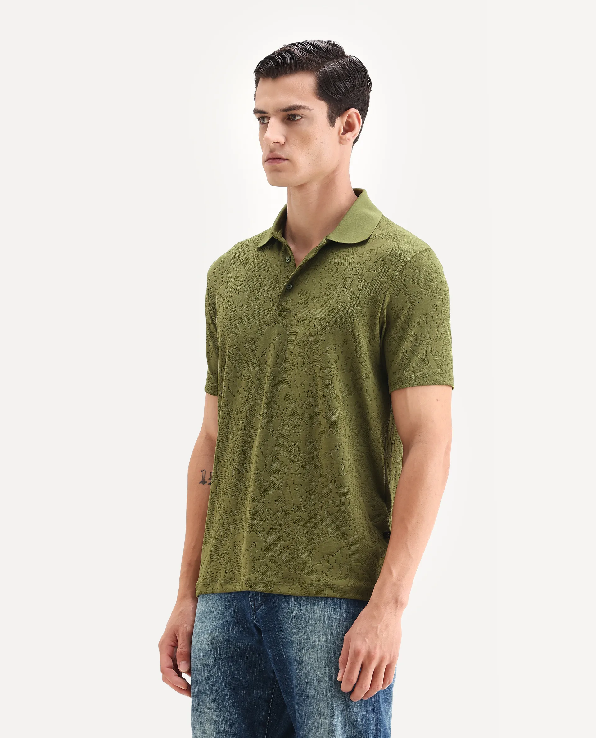 Rare Rabbit Men's Weso Olive Poly Blend Jacquard Regular Fit Half Sleeve Polo - Image 5
