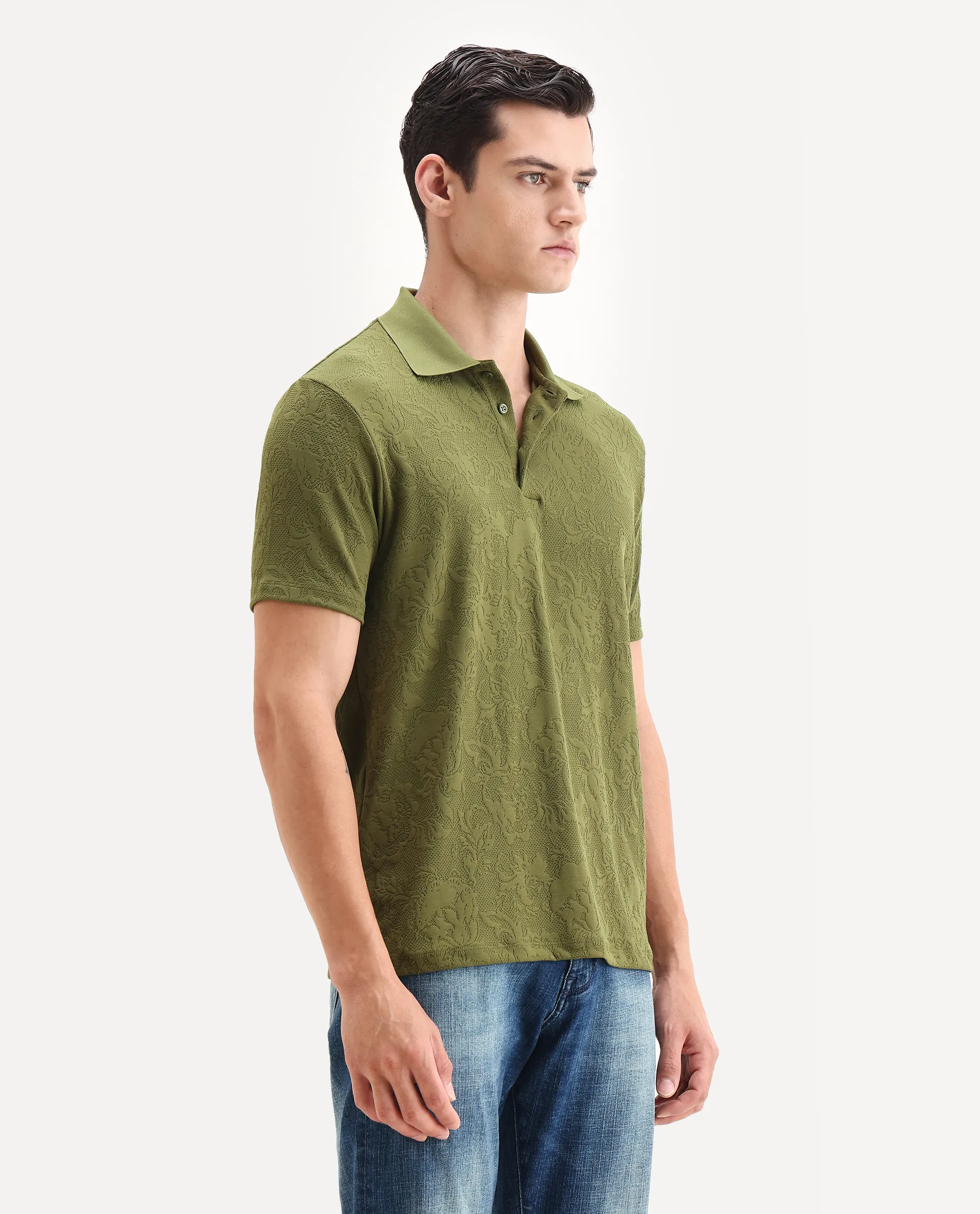Rare Rabbit Men's Weso Olive Poly Blend Jacquard Regular Fit Half Sleeve Polo - Image 6