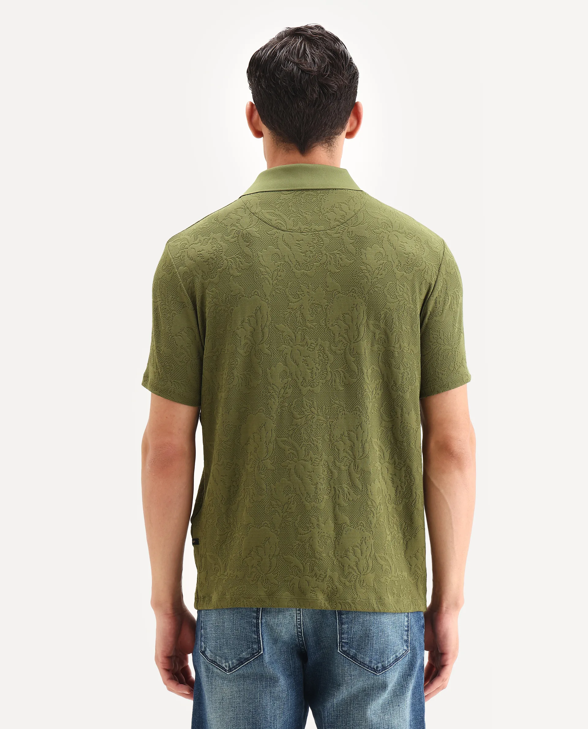Rare Rabbit Men's Weso Olive Poly Blend Jacquard Regular Fit Half Sleeve Polo - Image 7