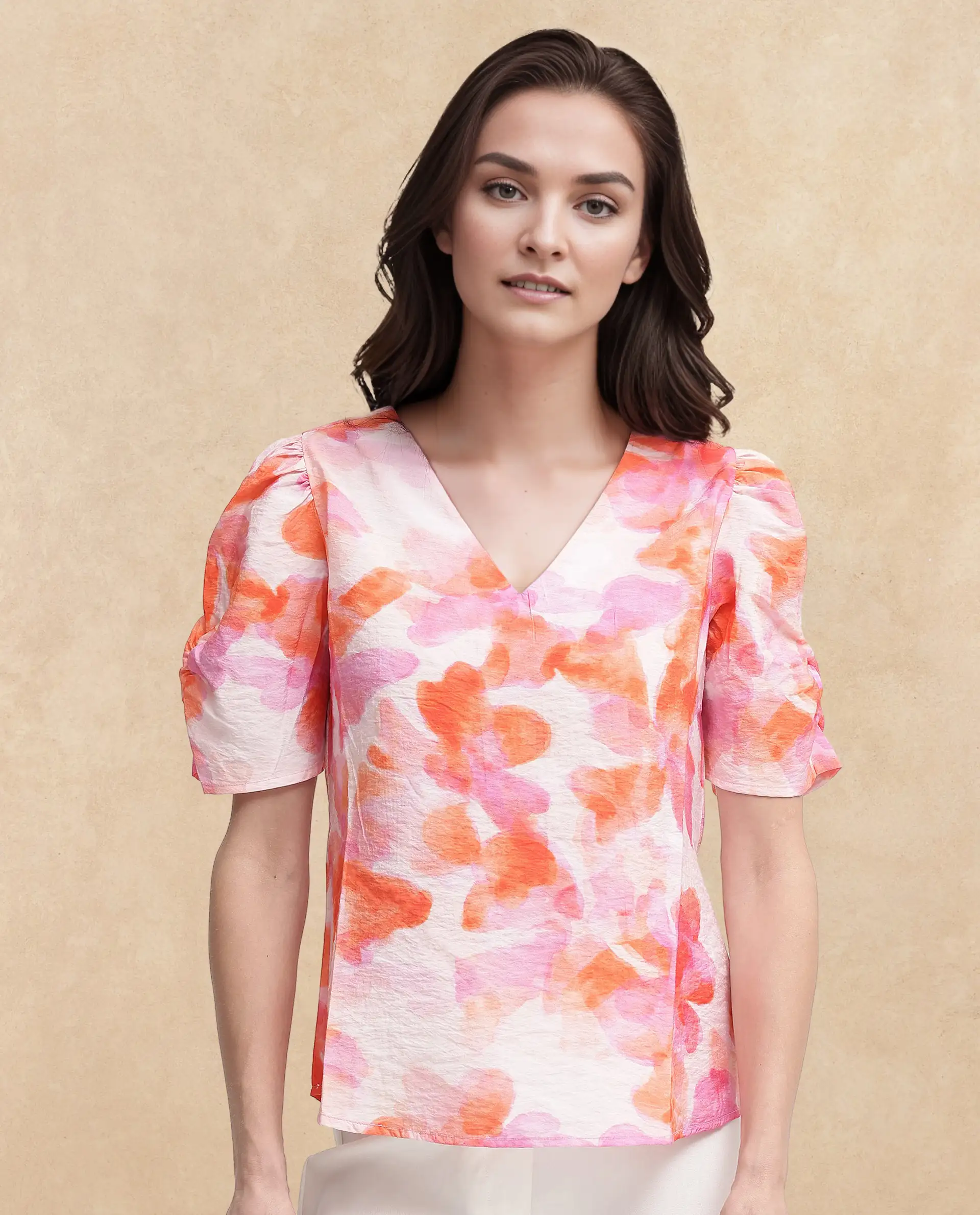 Rareism Women's Wesso Light Multi Nylon Blend V-Neck Abstract Print Puff Sleeves Regular Fit Top - Image 6