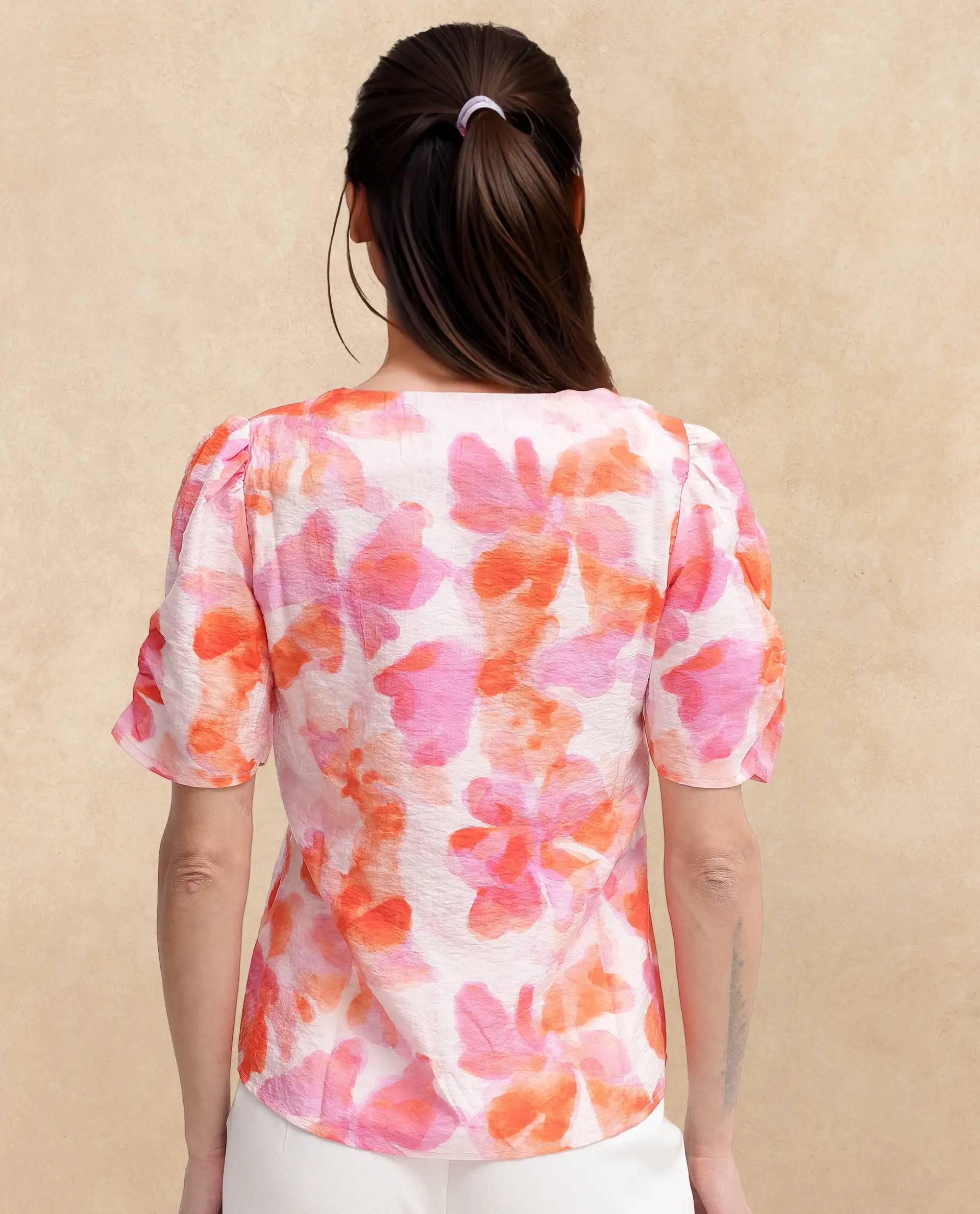Rareism Women's Wesso Light Multi Nylon Blend V-Neck Abstract Print Puff Sleeves Regular Fit Top - Image 8