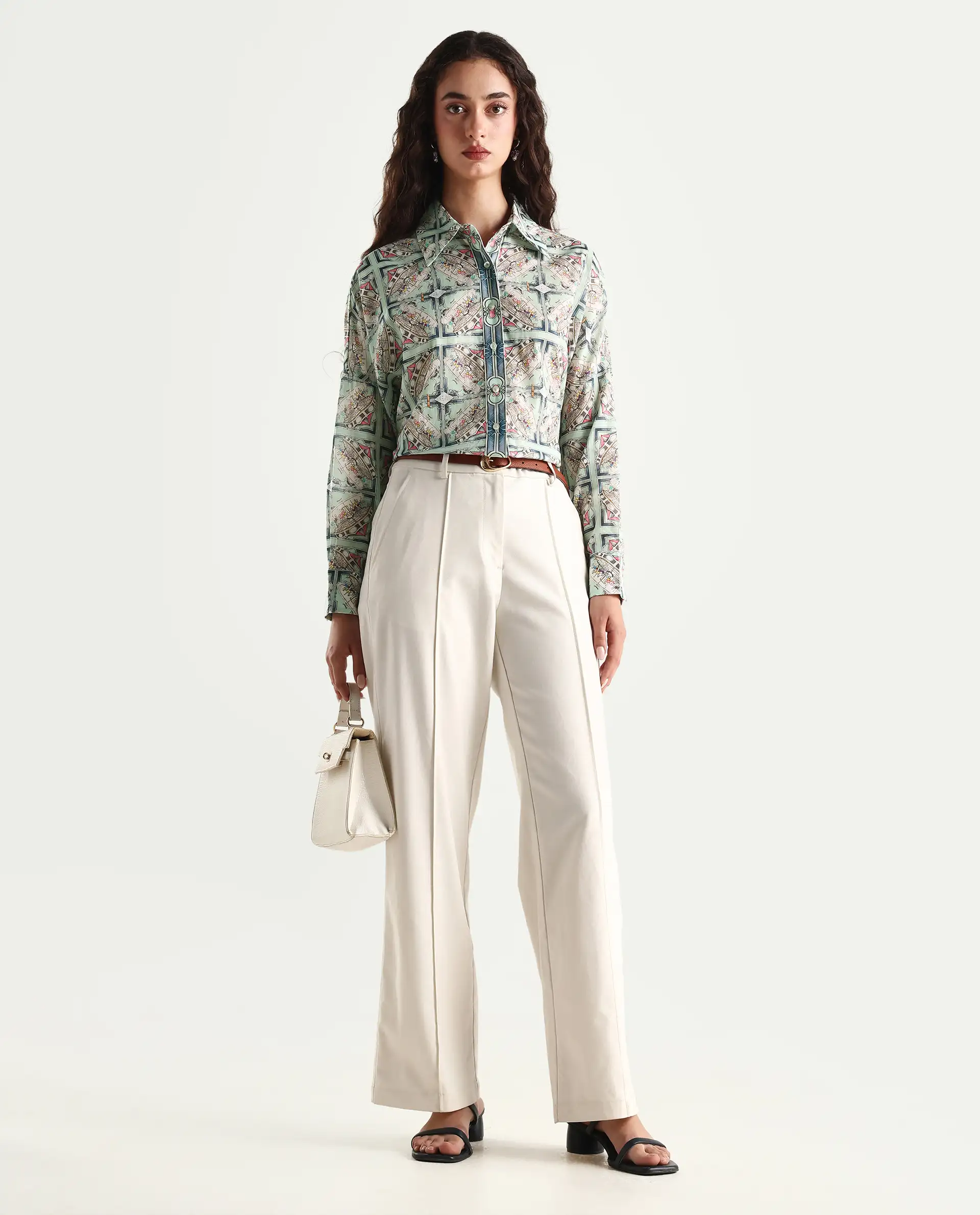 Rareism Women's Westwick Pastel Green Cotton Drop Collar Abstract Print Cuffed Sleeve Relaxed Fit Top - Image 2