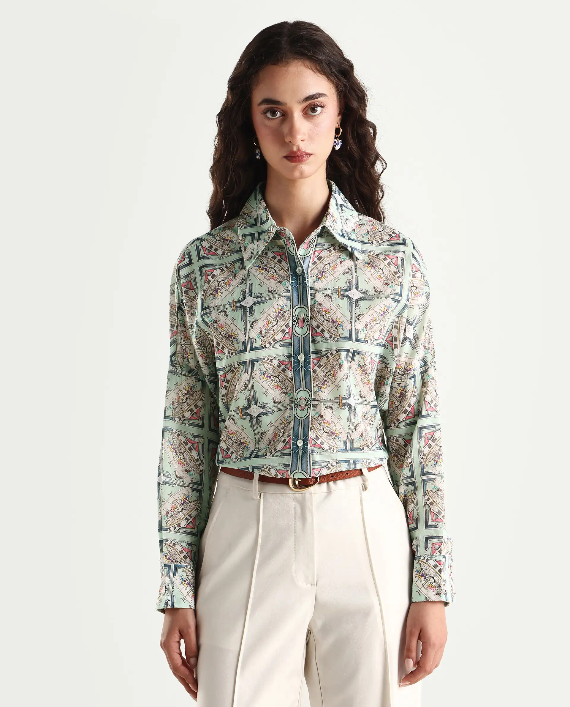 Rareism Women's Westwick Pastel Green Cotton Drop Collar Abstract Print Cuffed Sleeve Relaxed Fit Top - Image 3