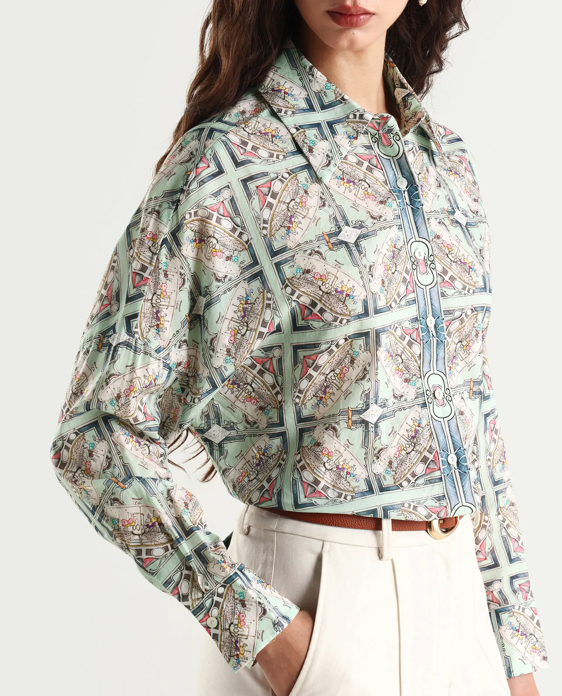 Rareism Women's Westwick Pastel Green Cotton Drop Collar Abstract Print Cuffed Sleeve Relaxed Fit Top - Image 4
