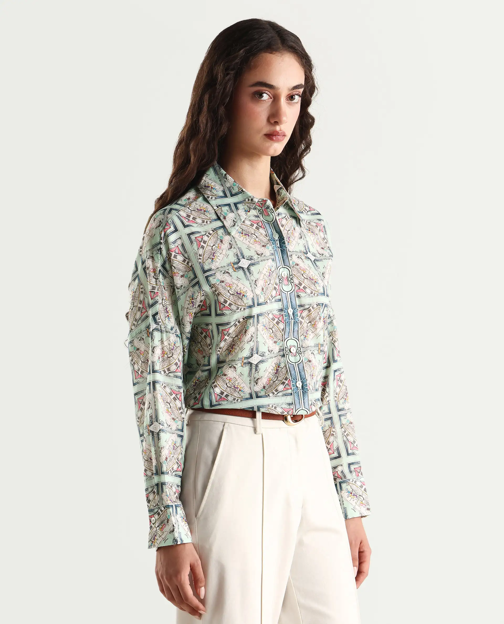 Rareism Women's Westwick Pastel Green Cotton Drop Collar Abstract Print Cuffed Sleeve Relaxed Fit Top - Image 5
