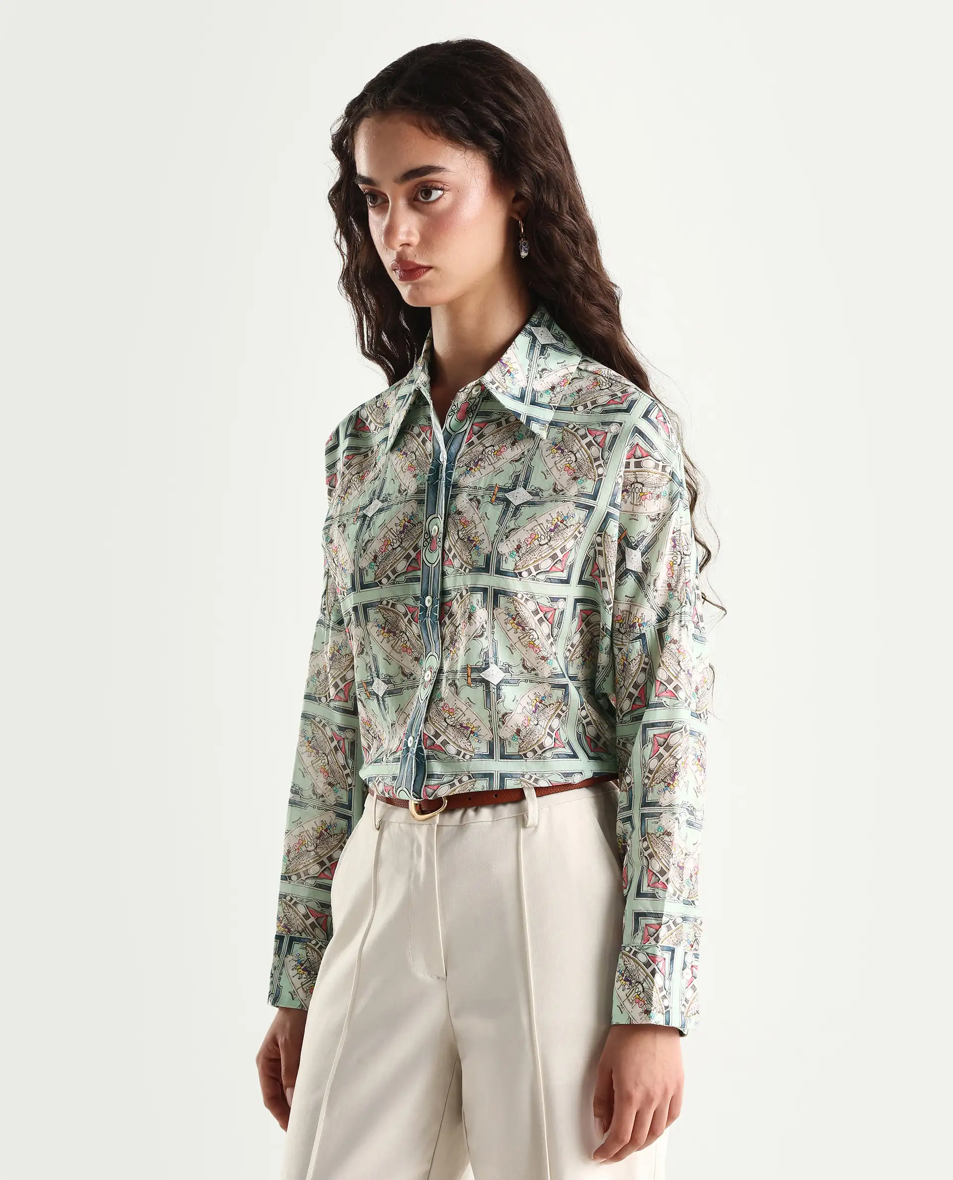 Rareism Women's Westwick Pastel Green Cotton Drop Collar Abstract Print Cuffed Sleeve Relaxed Fit Top - Image 6