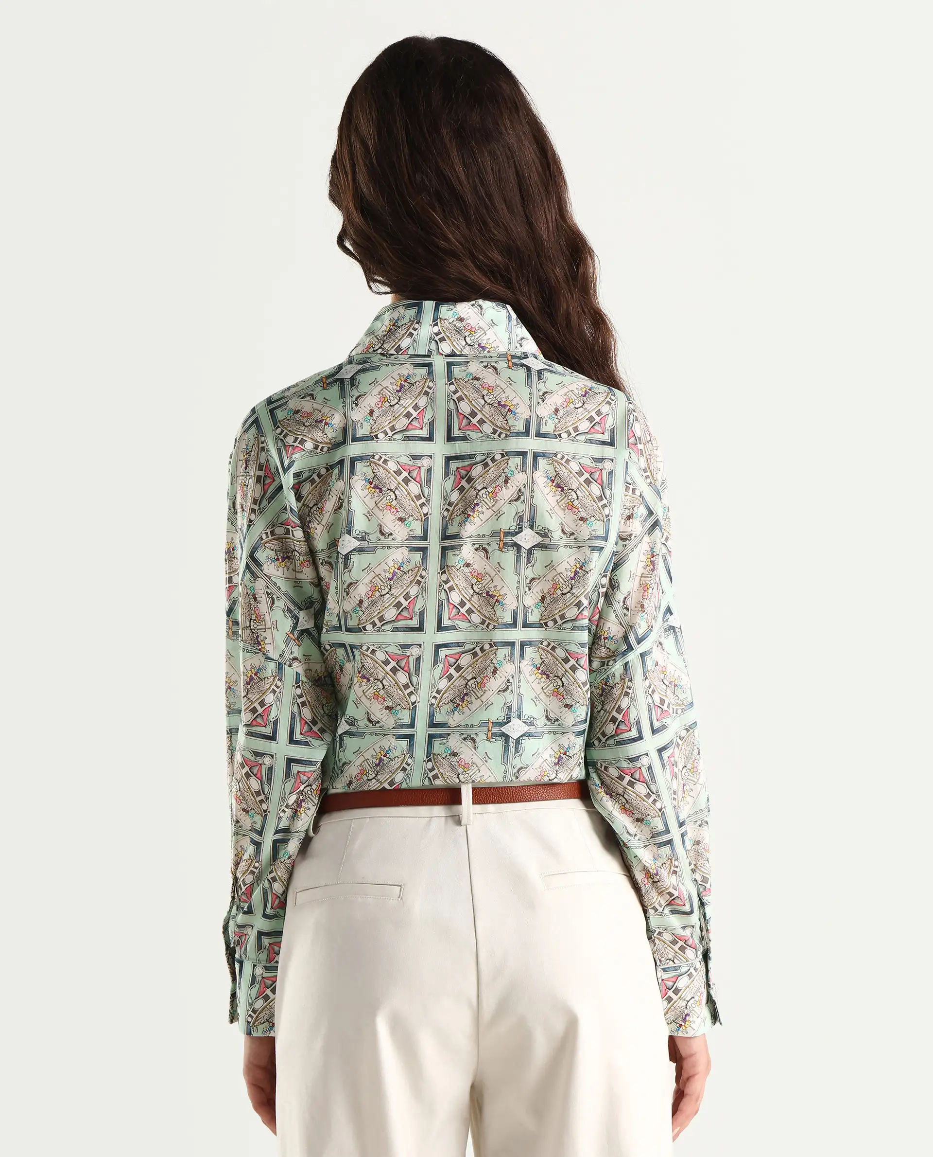 Rareism Women's Westwick Pastel Green Cotton Drop Collar Abstract Print Cuffed Sleeve Relaxed Fit Top - Image 7