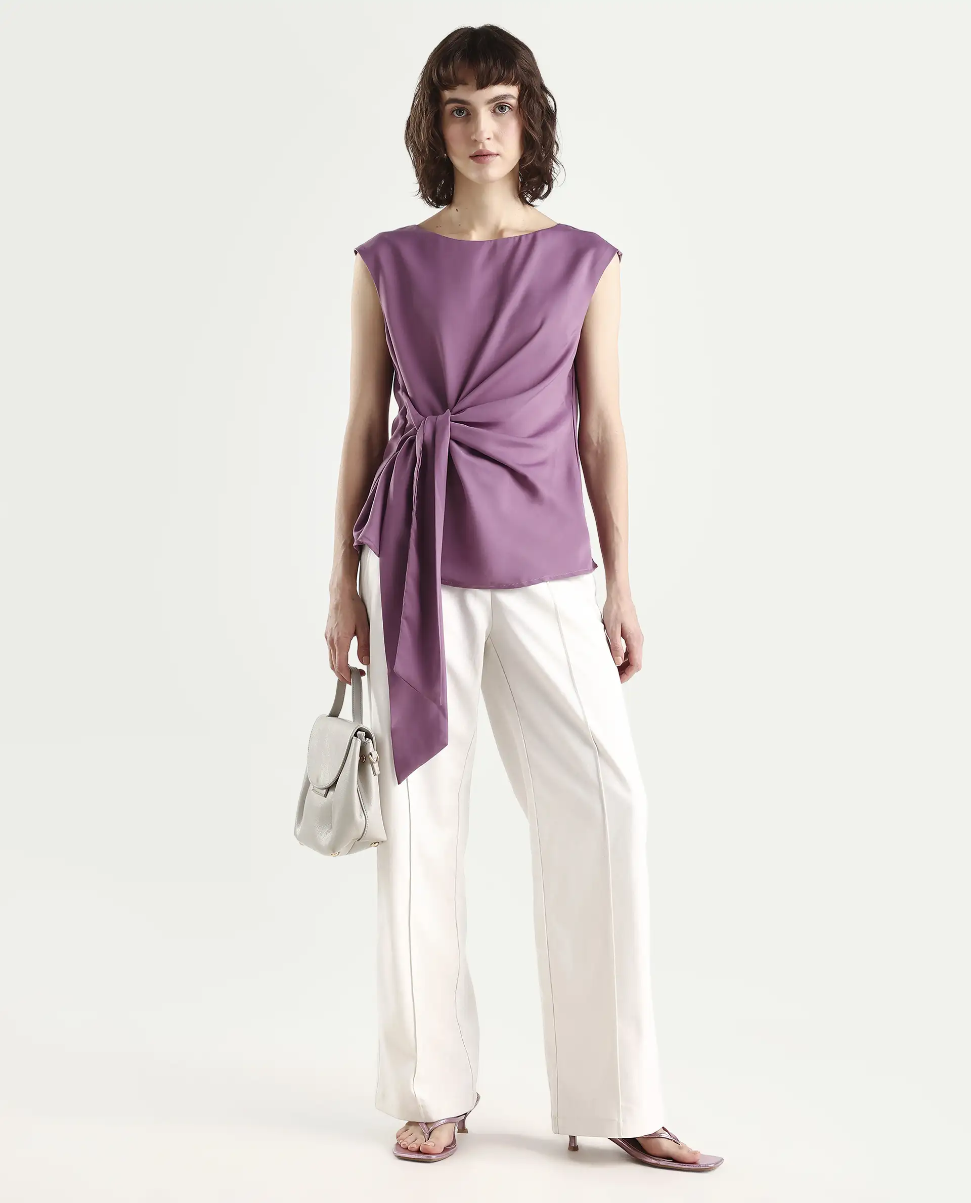 Rareism Women's Wevillet Pastel Purple Satin Boat Neck Plain Sleeveless Regular Fit Top - Image 2