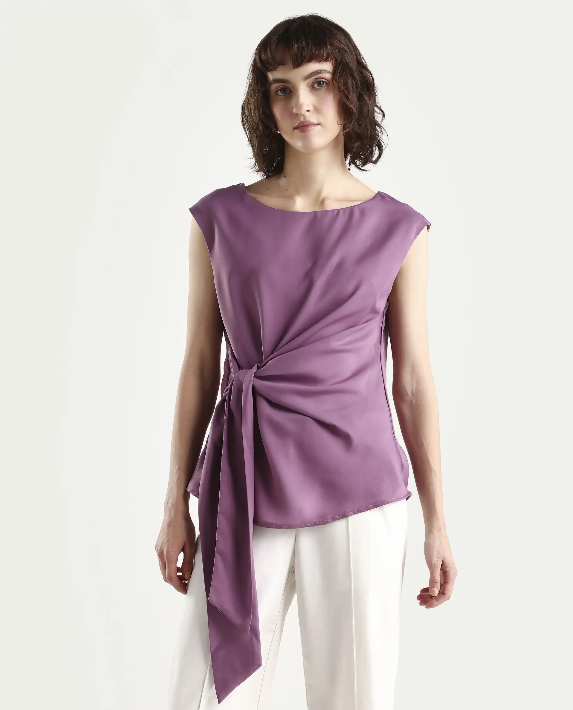 Rareism Women's Wevillet Pastel Purple Satin Boat Neck Plain Sleeveless Regular Fit Top - Image 3