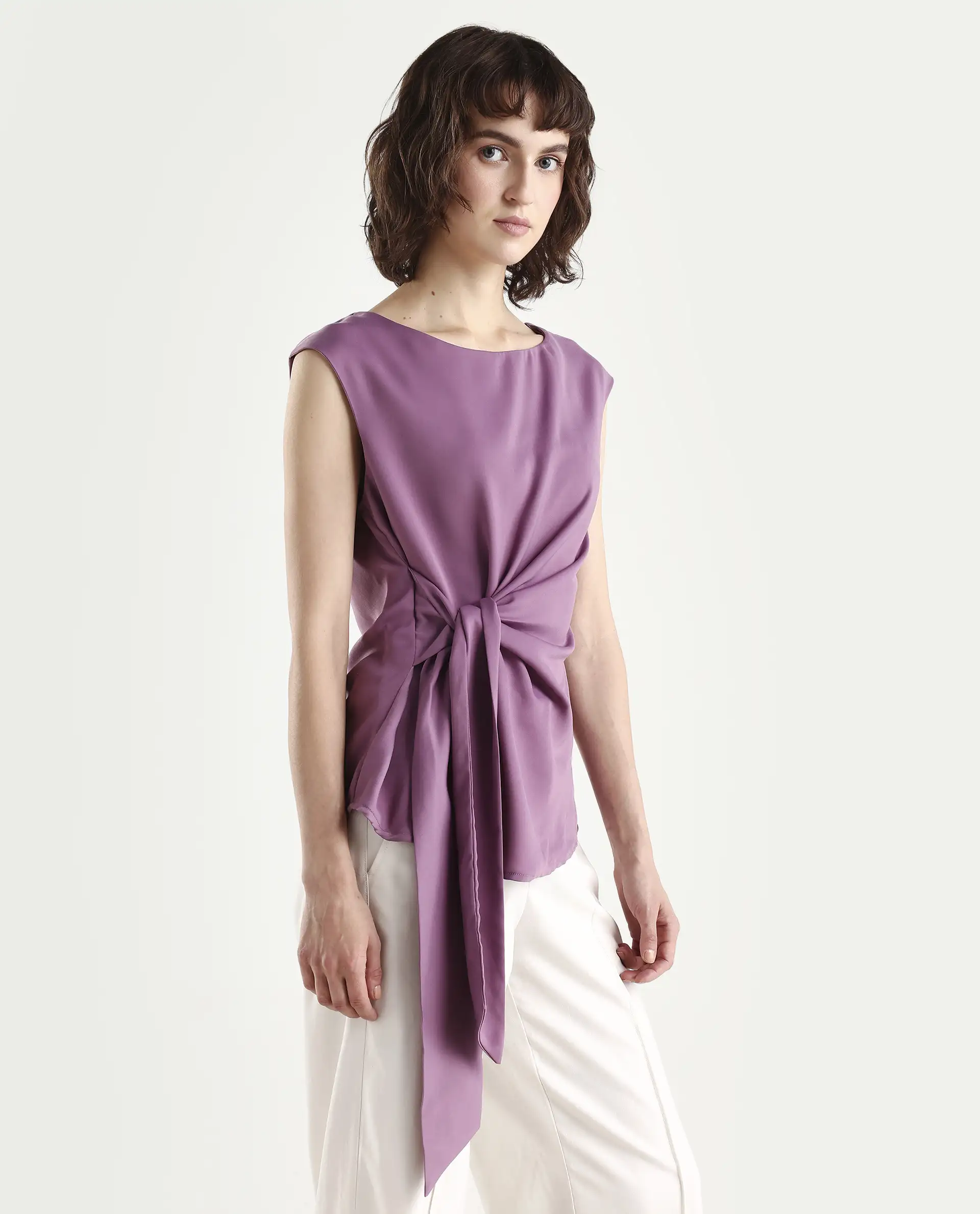 Rareism Women's Wevillet Pastel Purple Satin Boat Neck Plain Sleeveless Regular Fit Top - Image 5