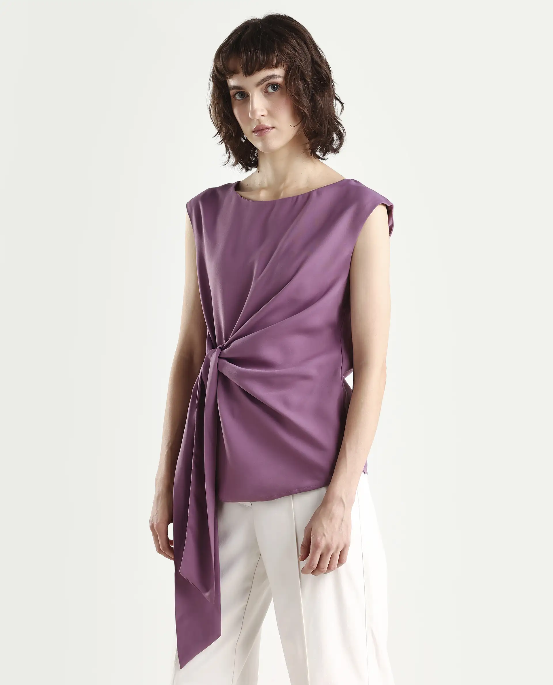 Rareism Women's Wevillet Pastel Purple Satin Boat Neck Plain Sleeveless Regular Fit Top - Image 6