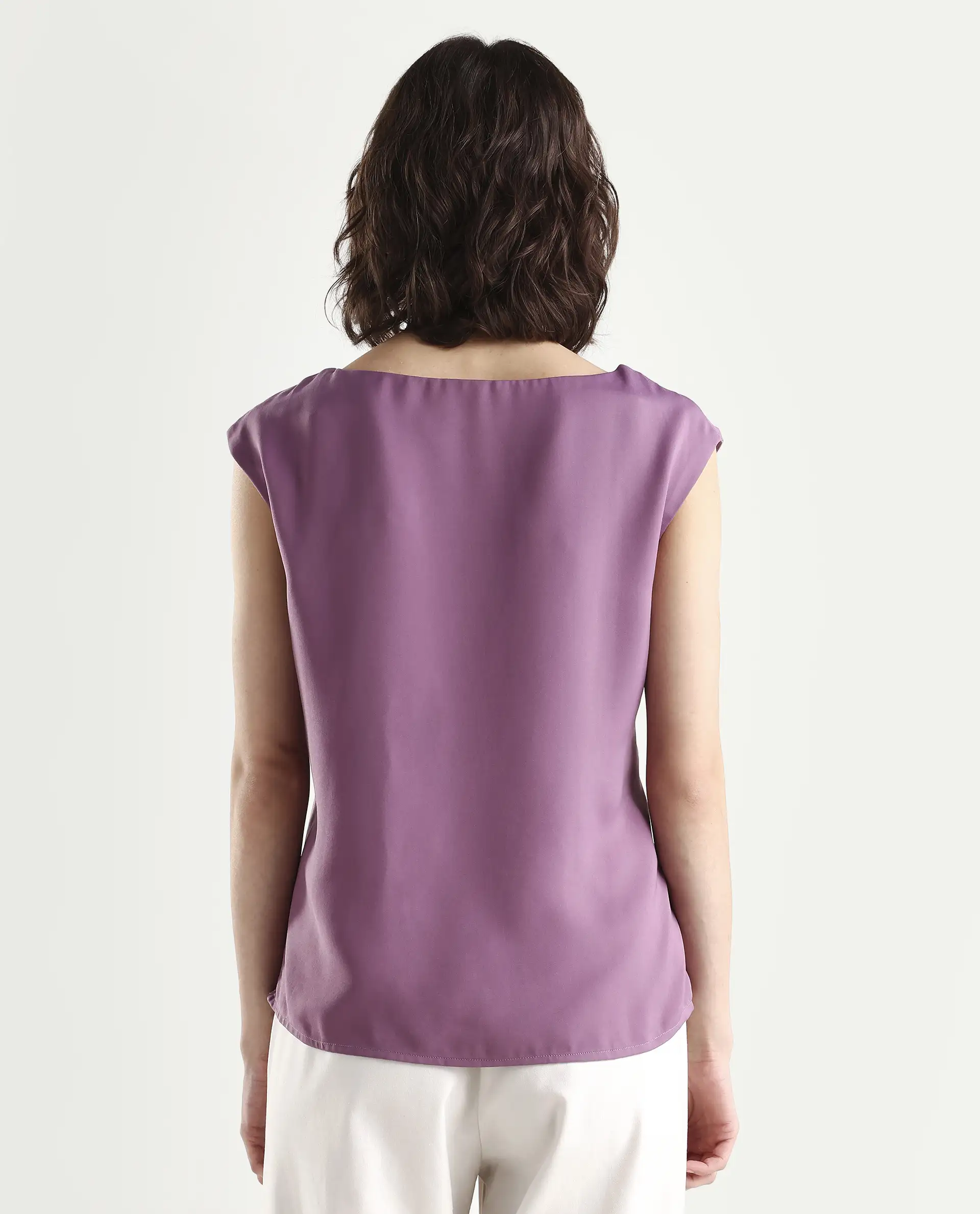 Rareism Women's Wevillet Pastel Purple Satin Boat Neck Plain Sleeveless Regular Fit Top - Image 7