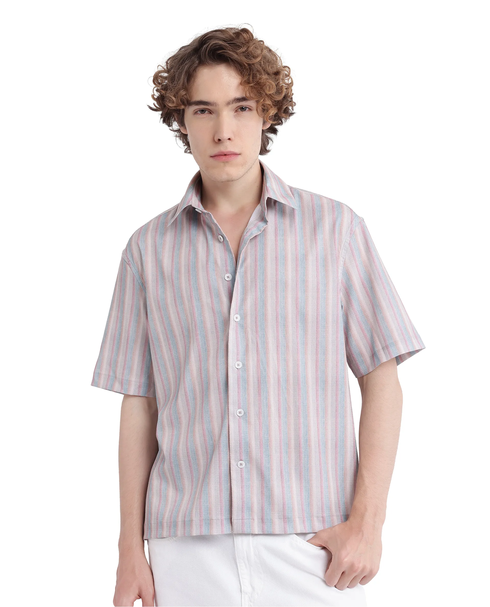 Rare Rabbit Men's Wexder Beige Cotton Striped Print Regular Fit Half Sleeve Collared Shirt - Image 2