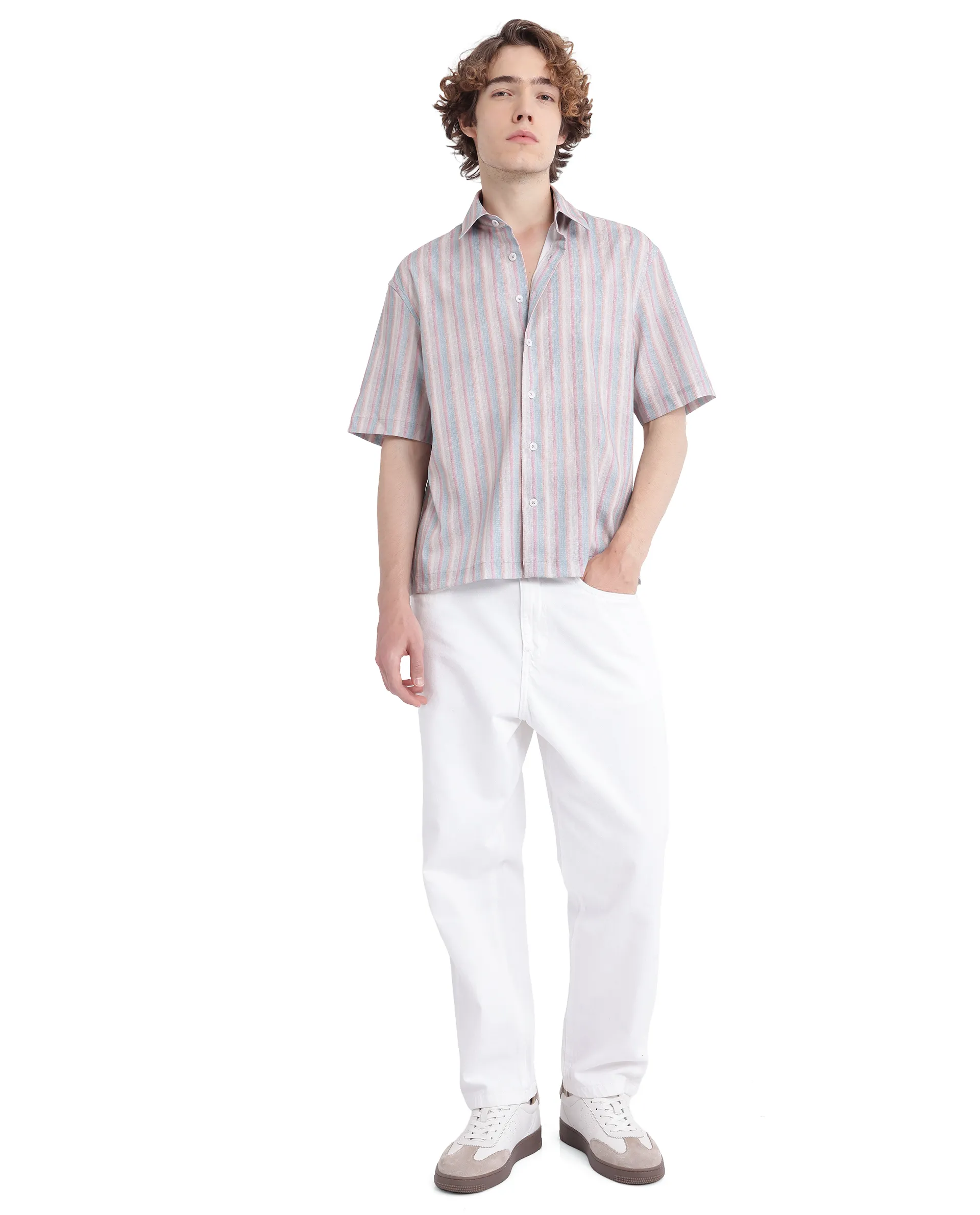 Rare Rabbit Men's Wexder Beige Cotton Striped Print Regular Fit Half Sleeve Collared Shirt - Image 3