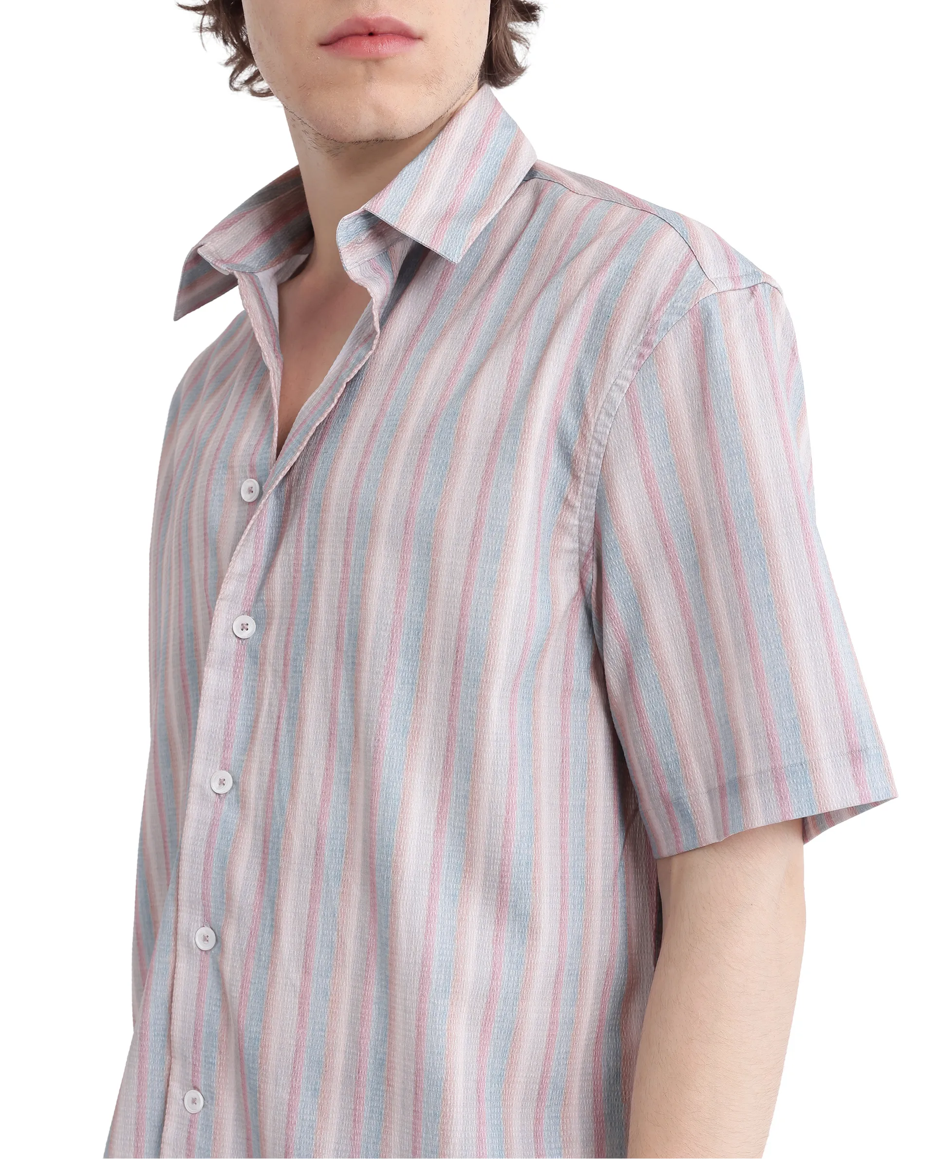 Rare Rabbit Men's Wexder Beige Cotton Striped Print Regular Fit Half Sleeve Collared Shirt - Image 4