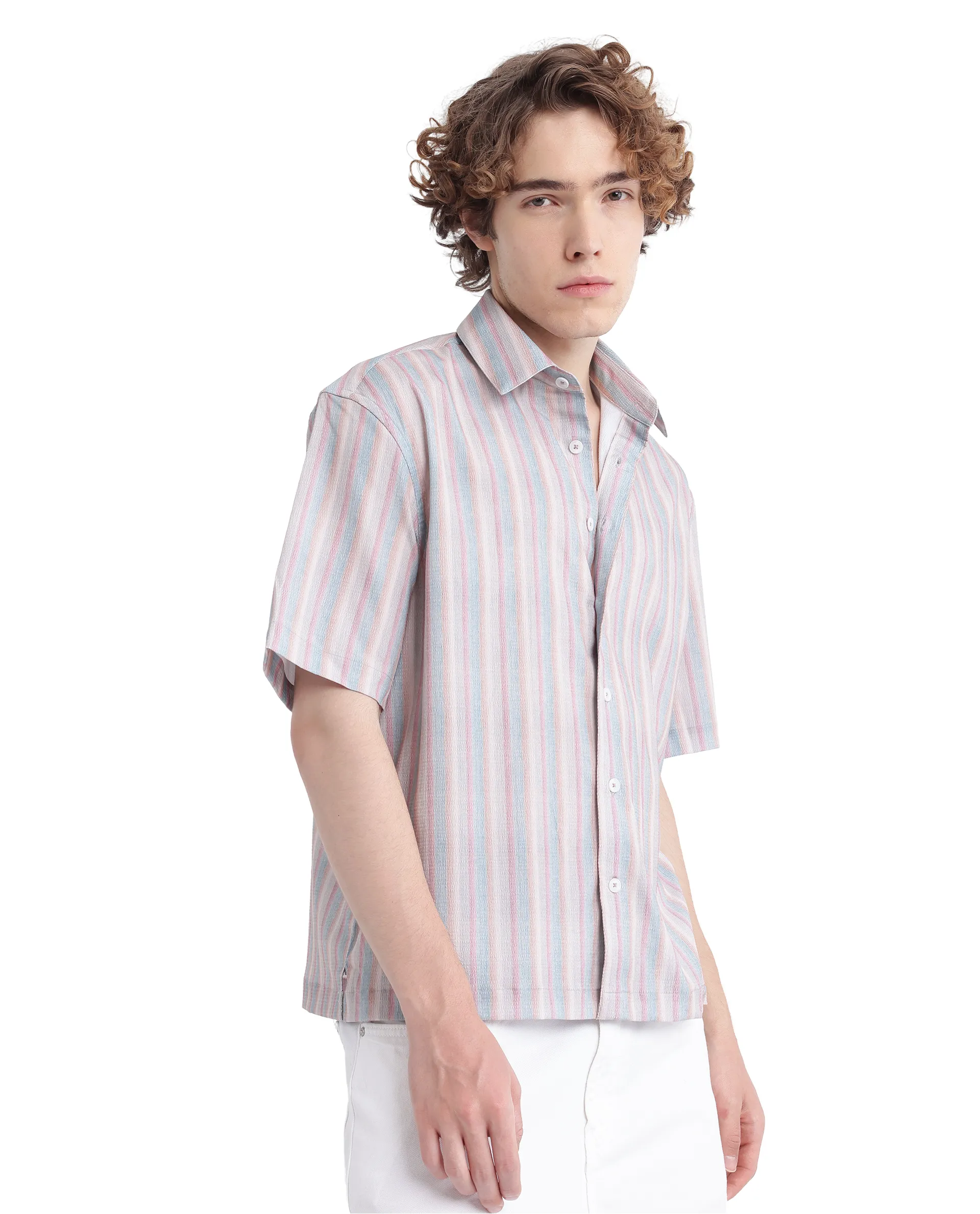 Rare Rabbit Men's Wexder Beige Cotton Striped Print Regular Fit Half Sleeve Collared Shirt - Image 6