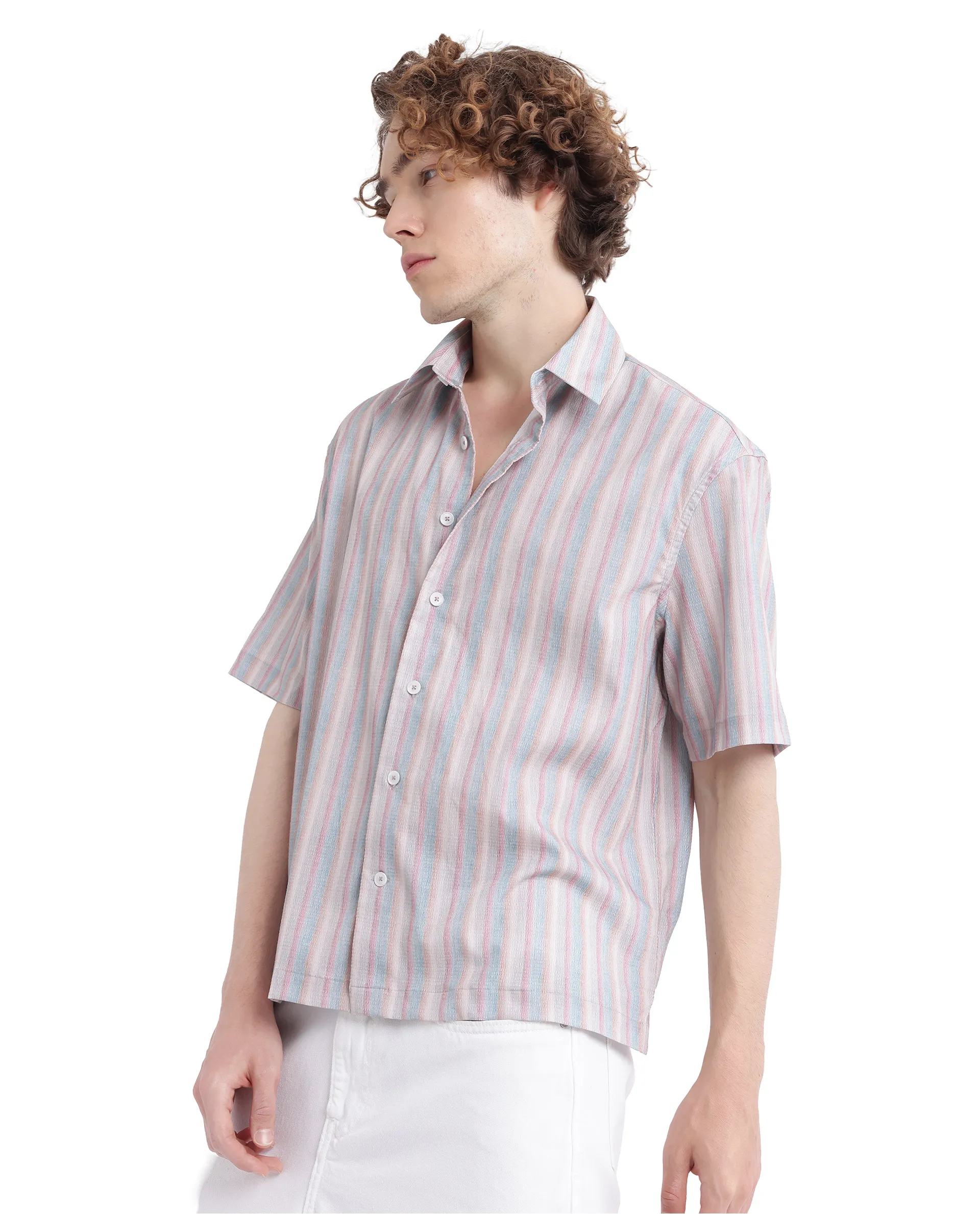 Rare Rabbit Men's Wexder Beige Cotton Striped Print Regular Fit Half Sleeve Collared Shirt - Image 7