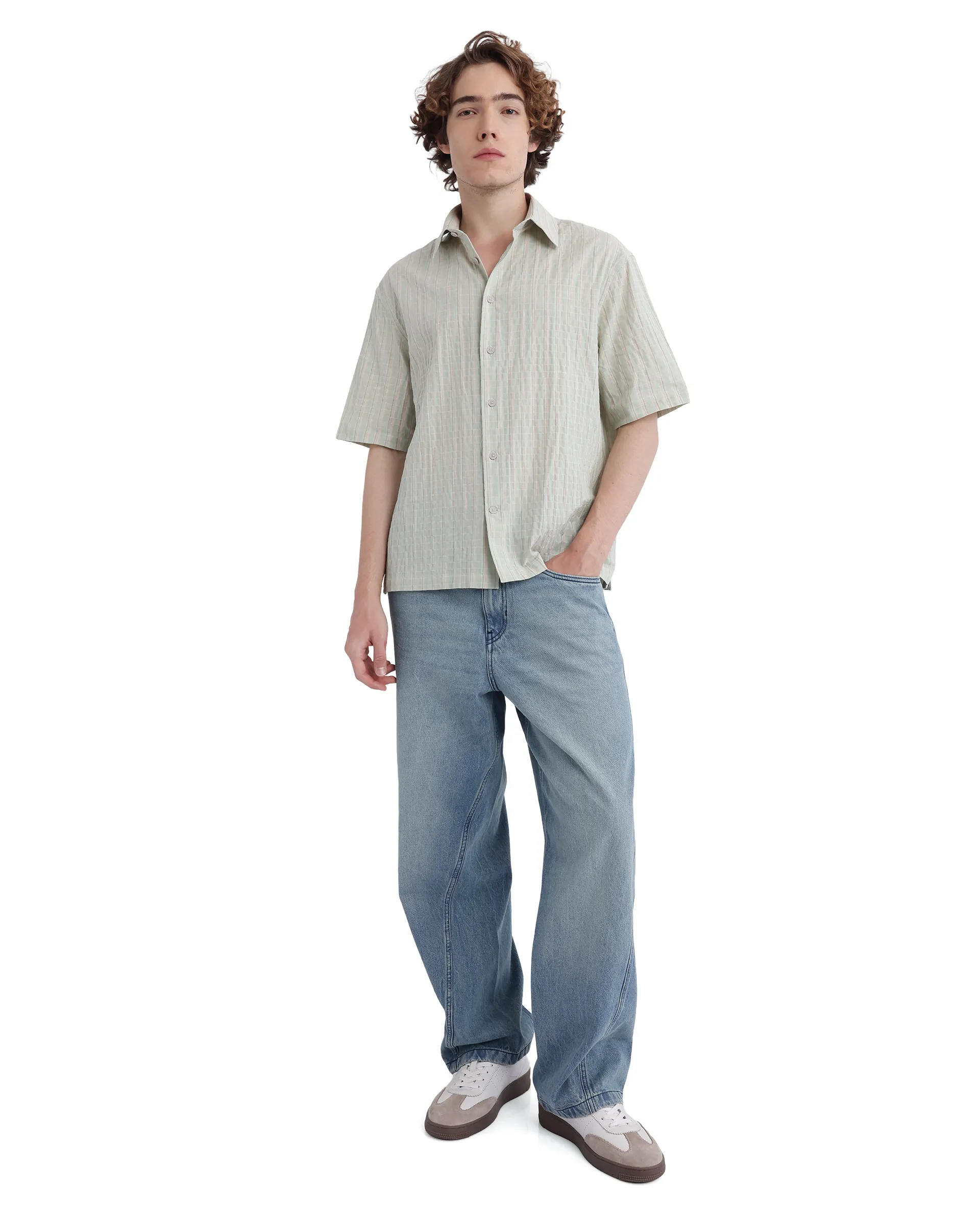 Rare Rabbit Men's Wexder Light Grey Cotton Striped Print Regular Fit Half Sleeve Collared Shirt - Image 2