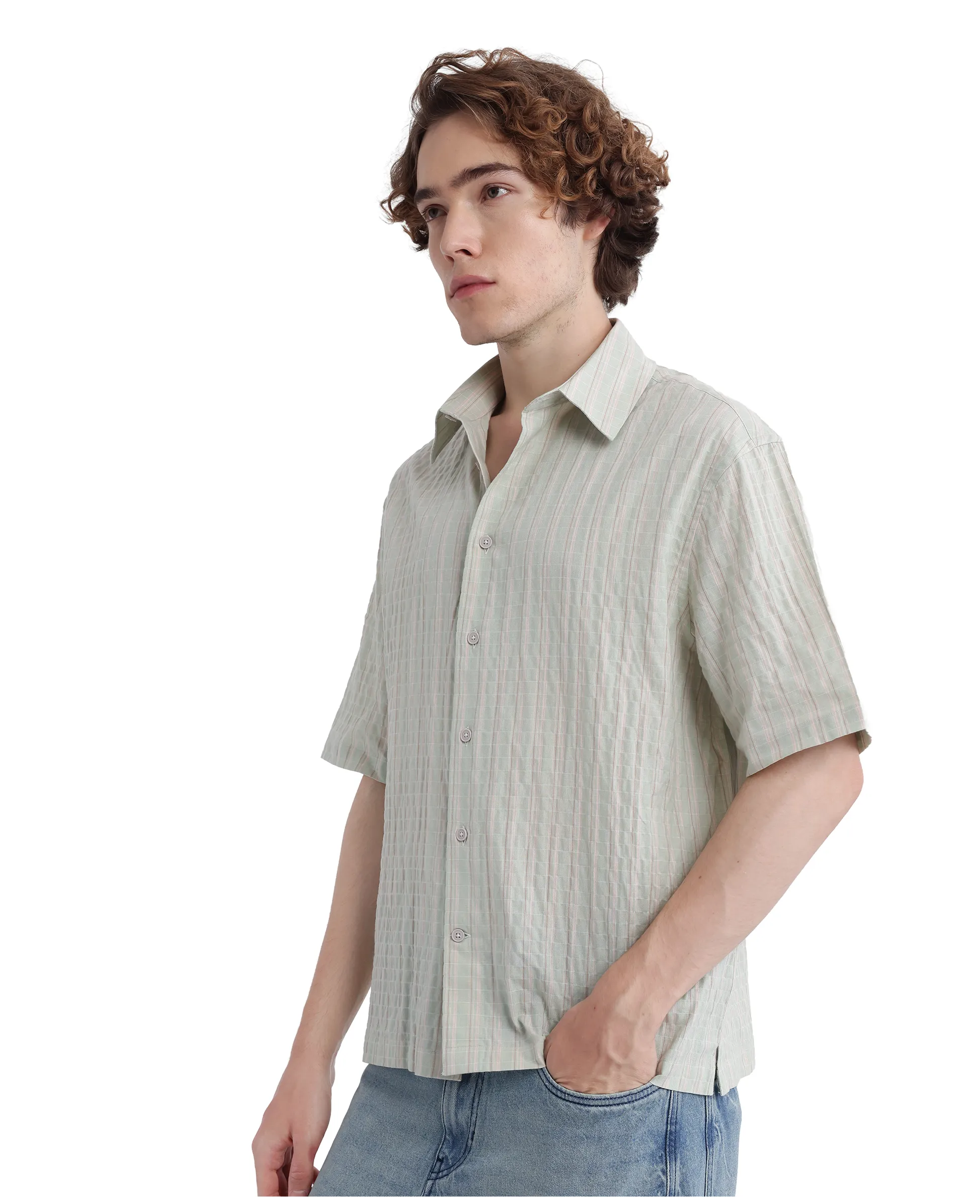 Rare Rabbit Men's Wexder Light Grey Cotton Striped Print Regular Fit Half Sleeve Collared Shirt - Image 3