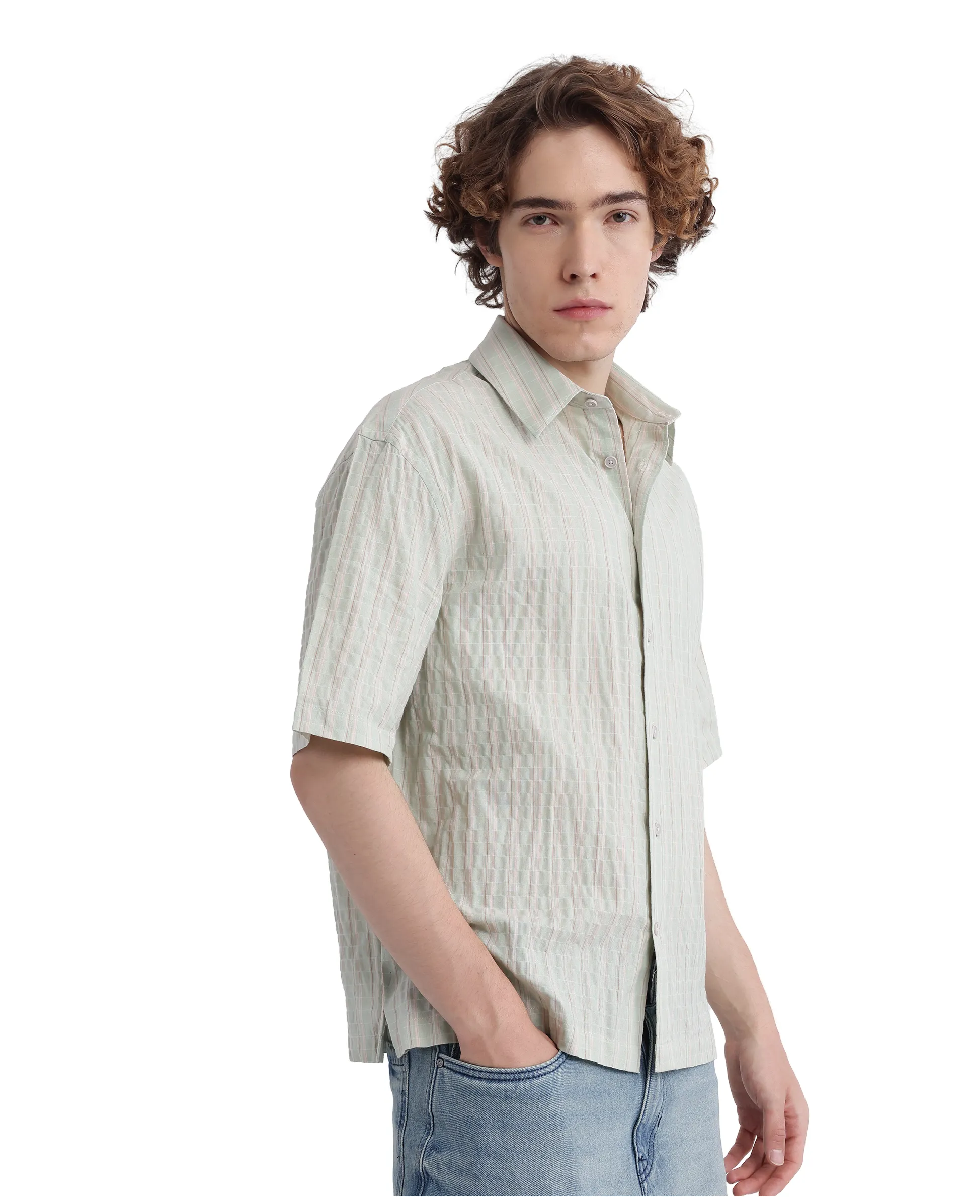 Rare Rabbit Men's Wexder Light Grey Cotton Striped Print Regular Fit Half Sleeve Collared Shirt - Image 4