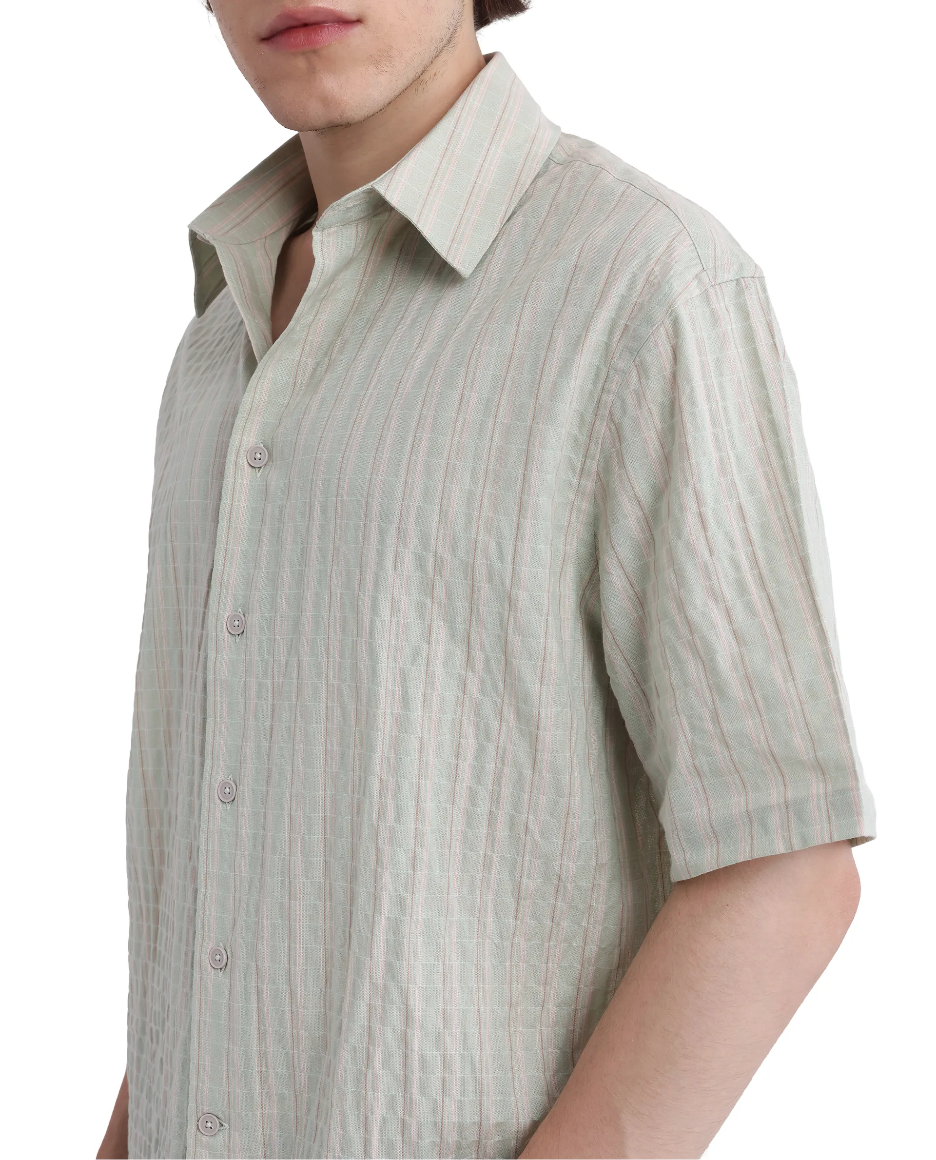 Rare Rabbit Men's Wexder Light Grey Cotton Striped Print Regular Fit Half Sleeve Collared Shirt - Image 6