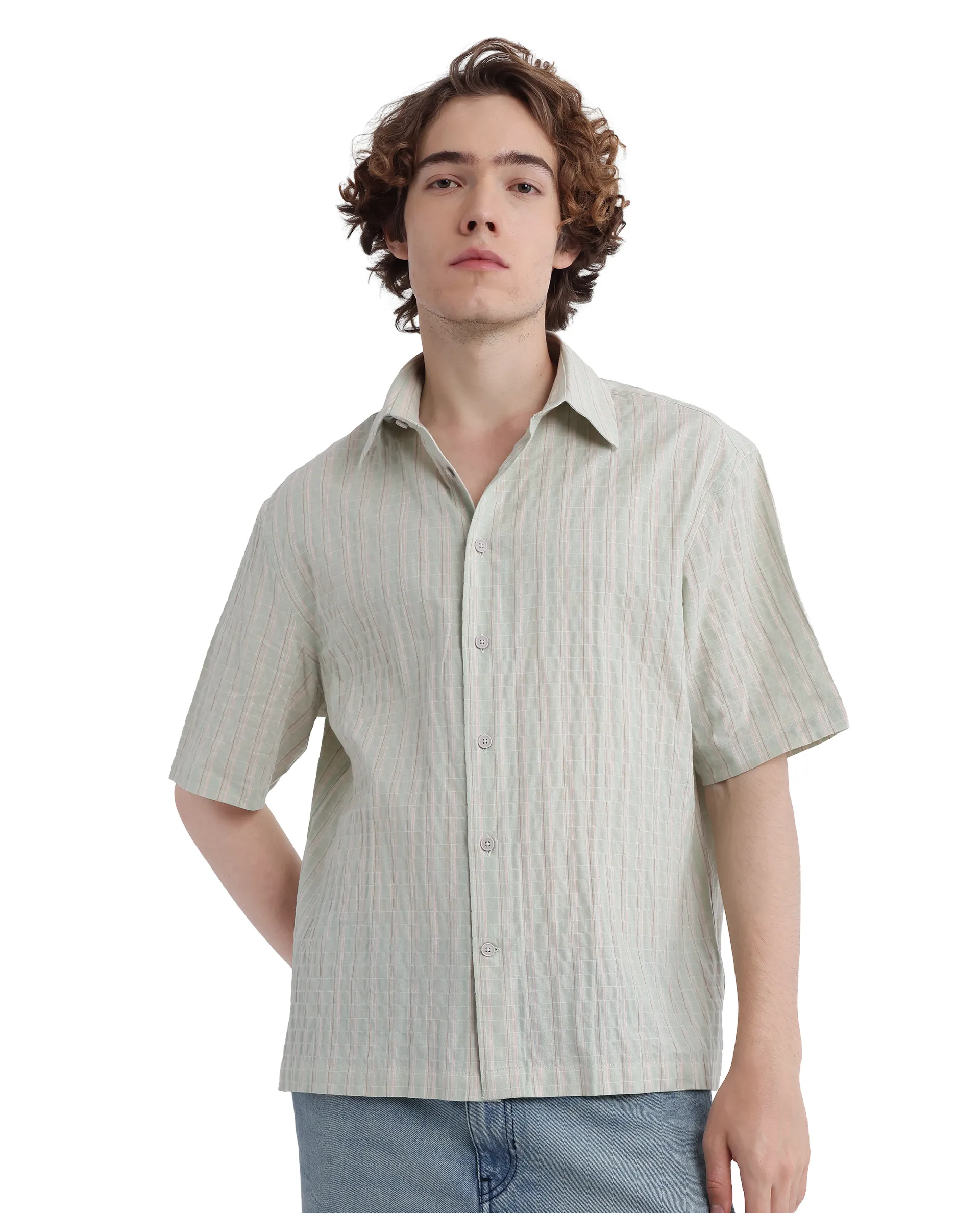 Rare Rabbit Men's Wexder Light Grey Cotton Striped Print Regular Fit Half Sleeve Collared Shirt - Image 7