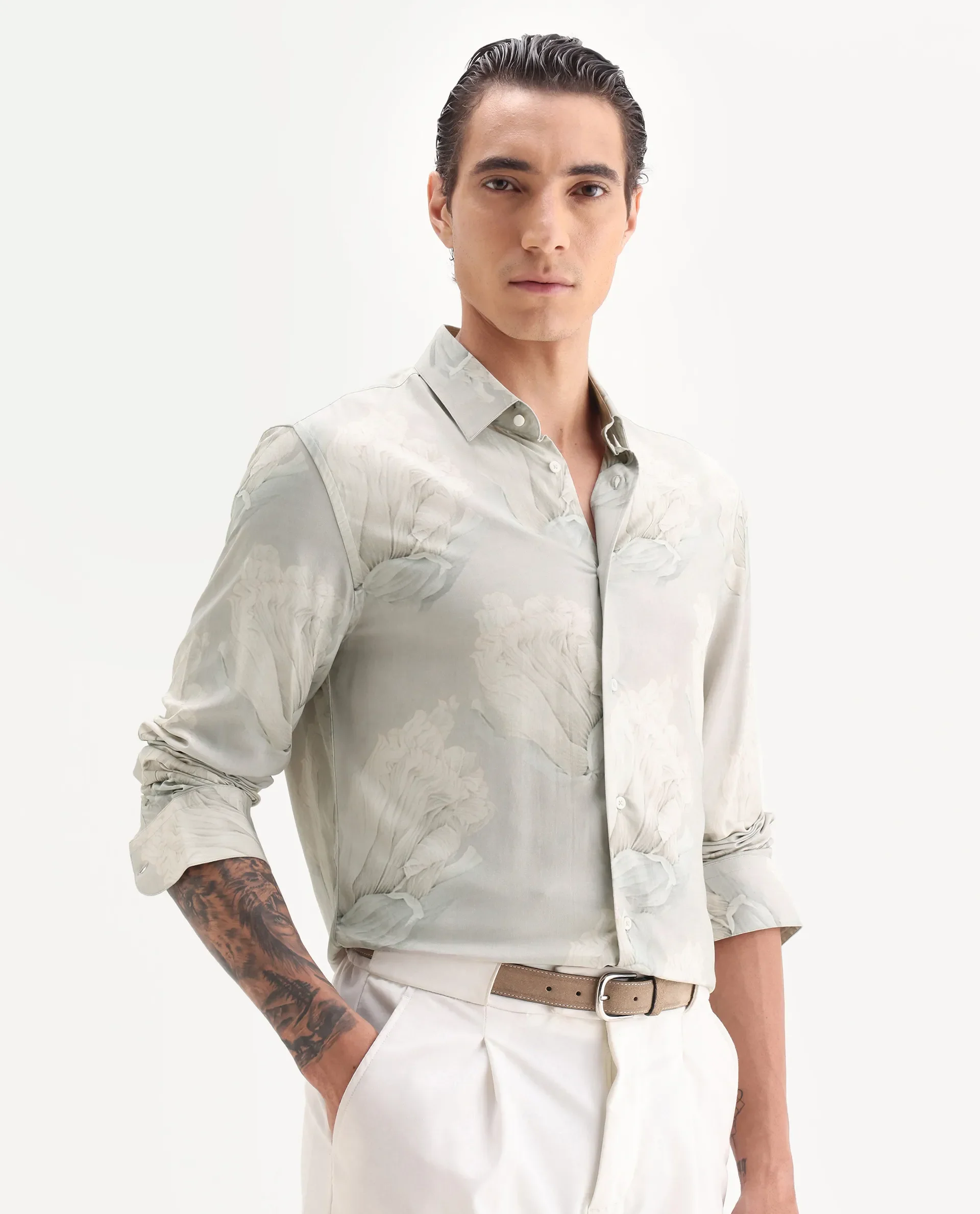 Rare Rabbit Men's Wexel Pastel Green Viscose Fabric Collared Neck Regular Fit Floral Print Shirt - Image 5