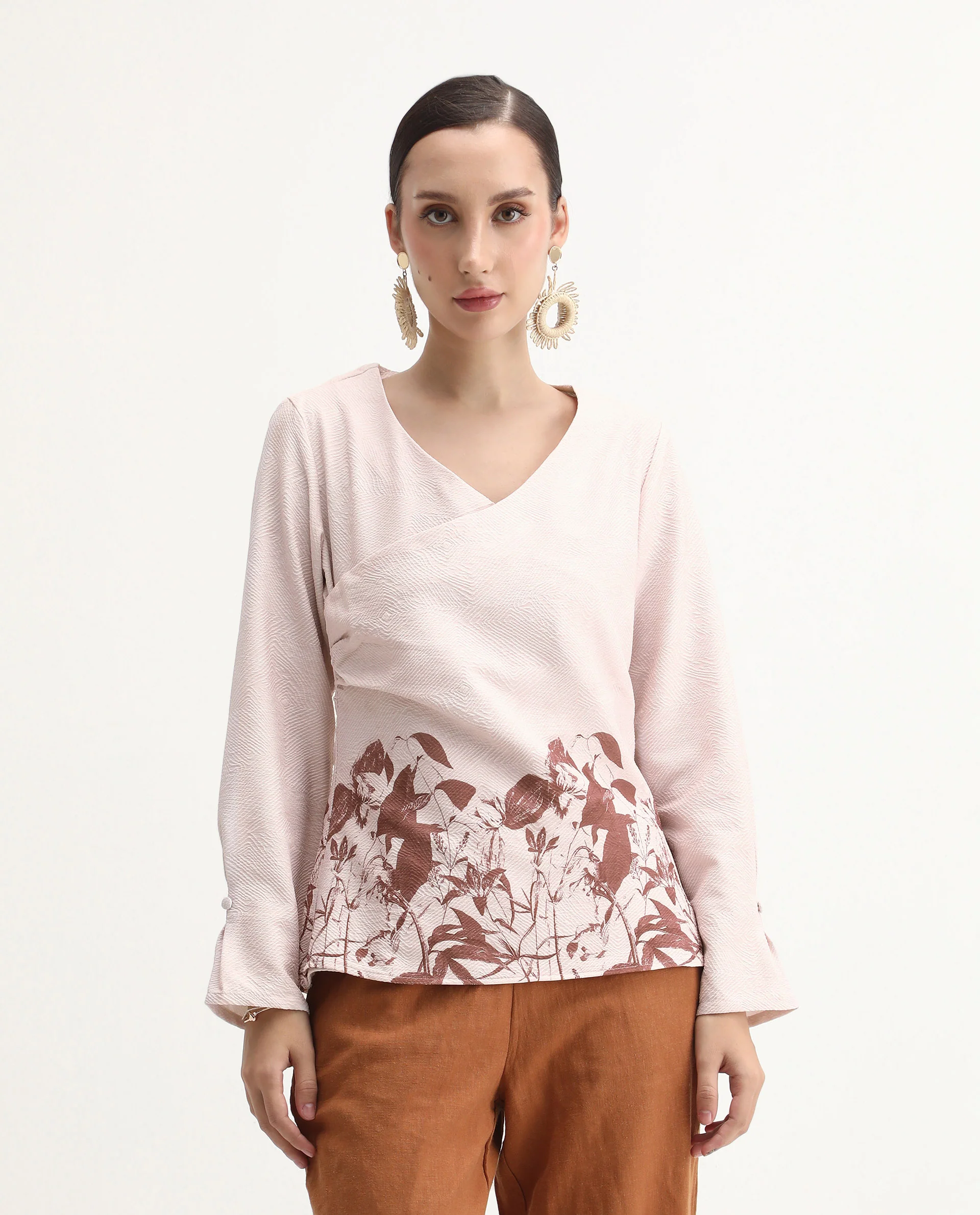 Rareism Women's Whas Beige Cotton Blend V-Neck Geometric Print Regular Fit Top - Image 3