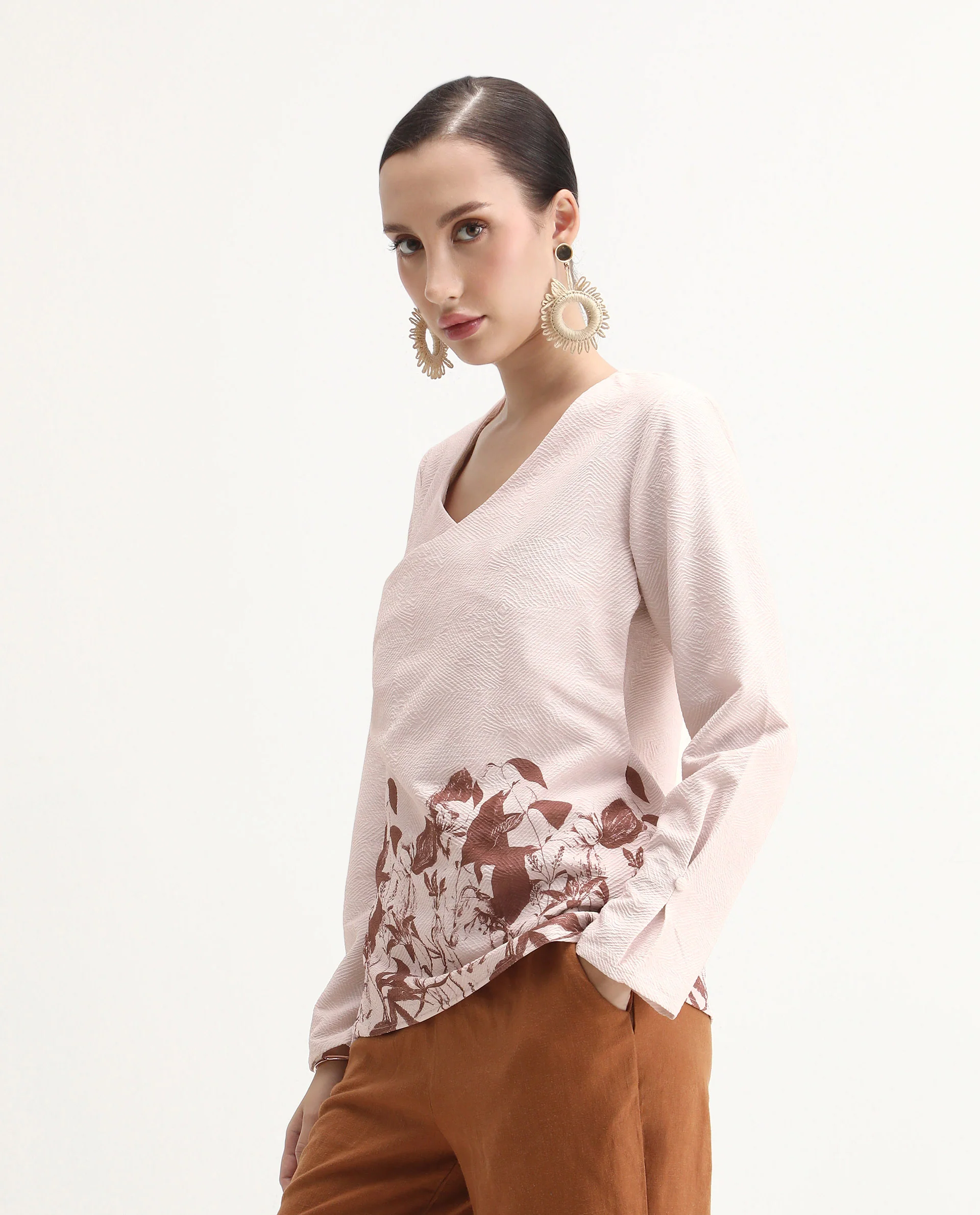 Rareism Women's Whas Beige Cotton Blend V-Neck Geometric Print Regular Fit Top - Image 5