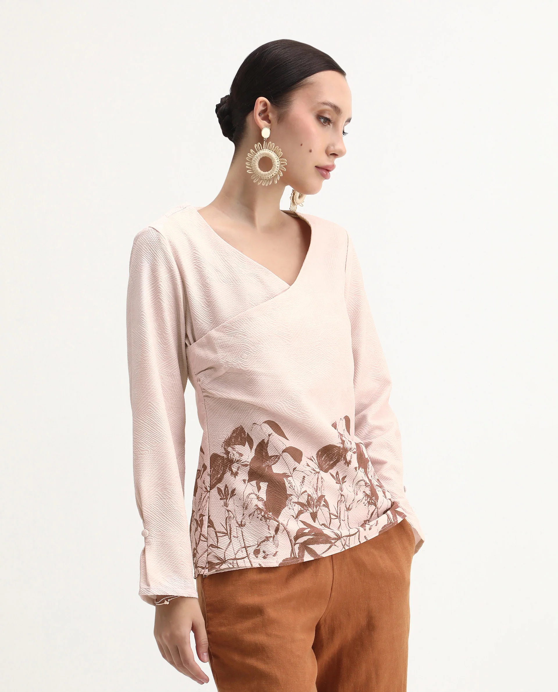 Rareism Women's Whas Beige Cotton Blend V-Neck Geometric Print Regular Fit Top - Image 6