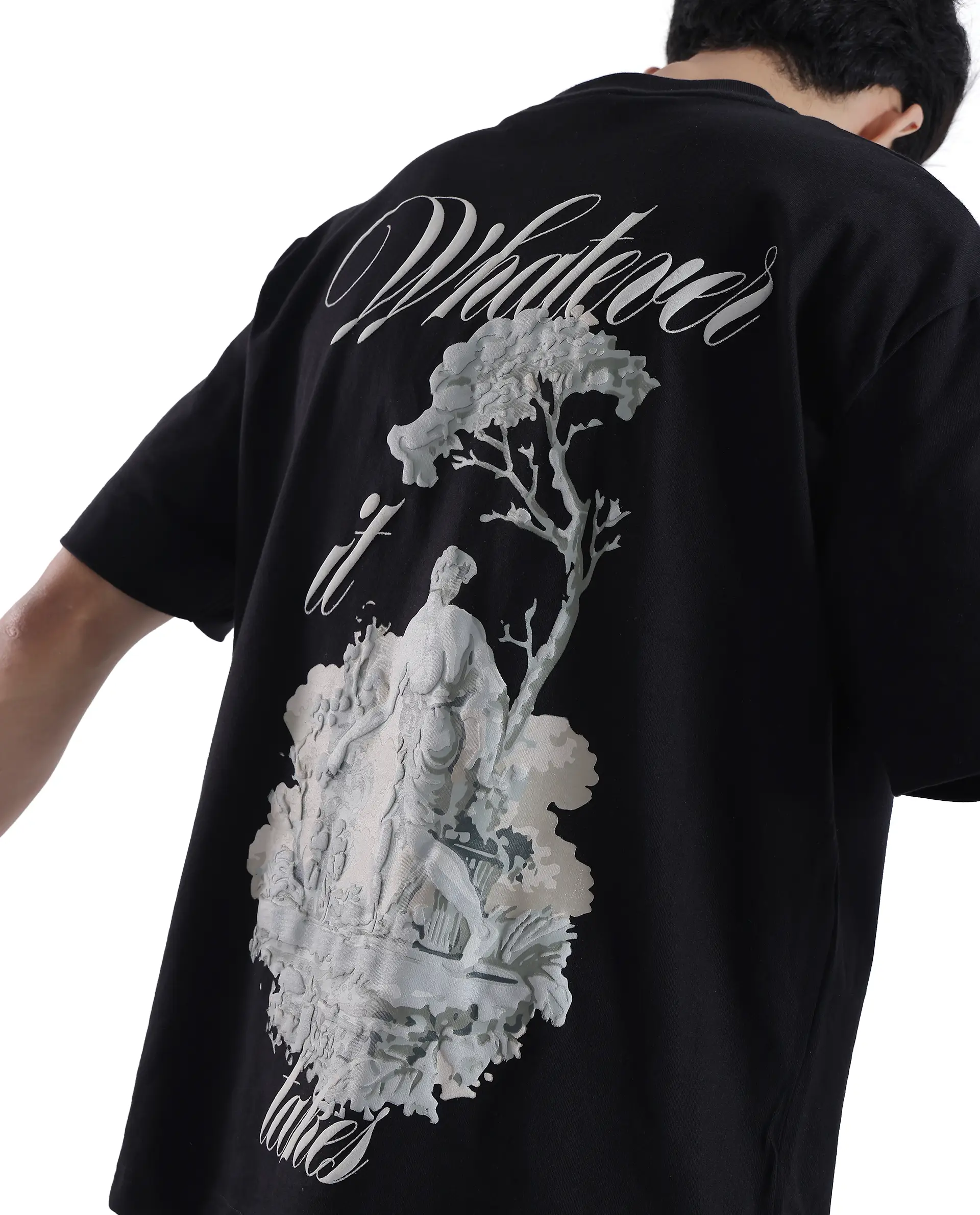 Rare Rabbit Men's Whatevr Black Cotton Graphic Print Oversized Fit Half Sleeve Crew Neck T-Shirt - Image 2