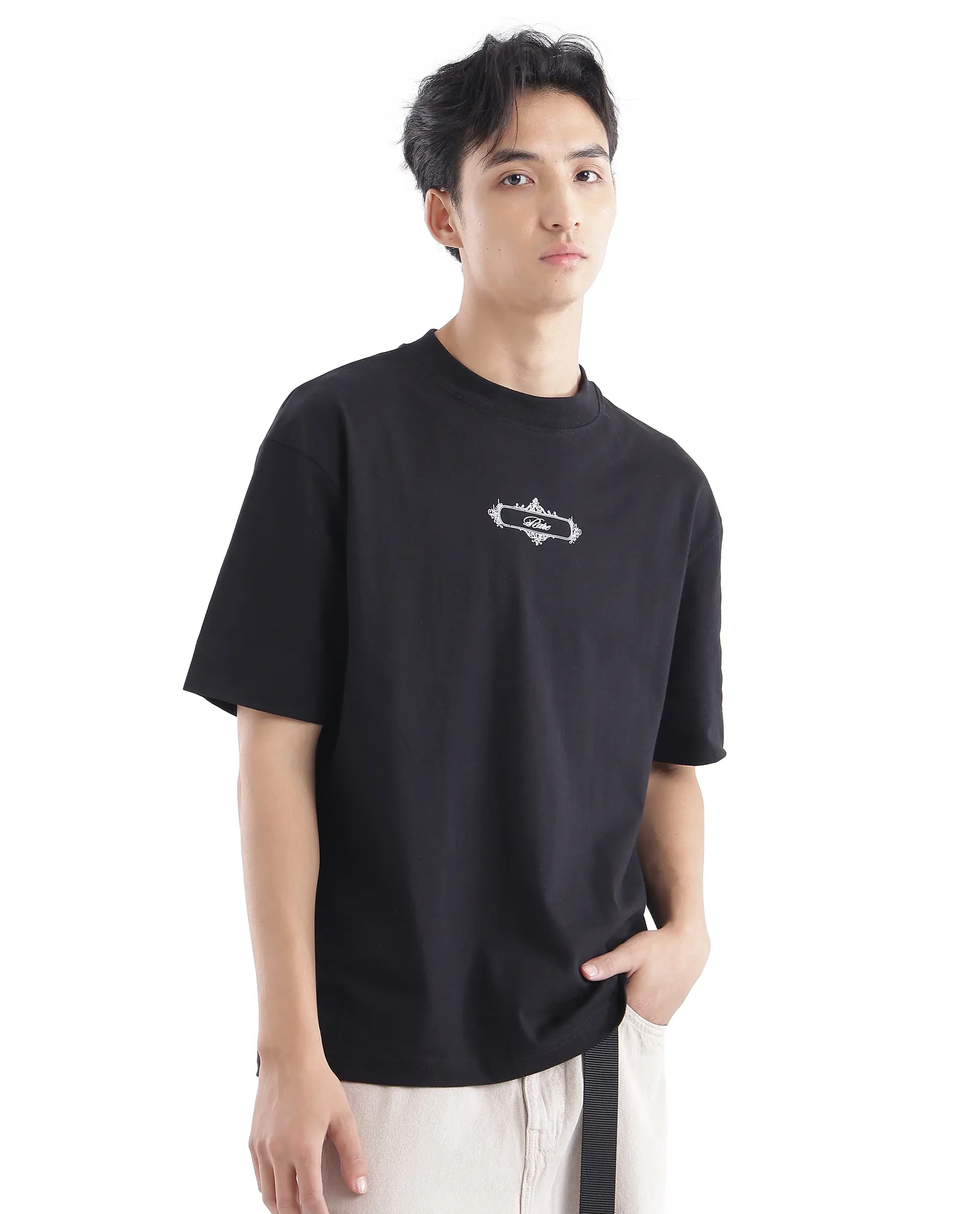 Rare Rabbit Men's Whatevr Black Cotton Graphic Print Oversized Fit Half Sleeve Crew Neck T-Shirt - Image 3