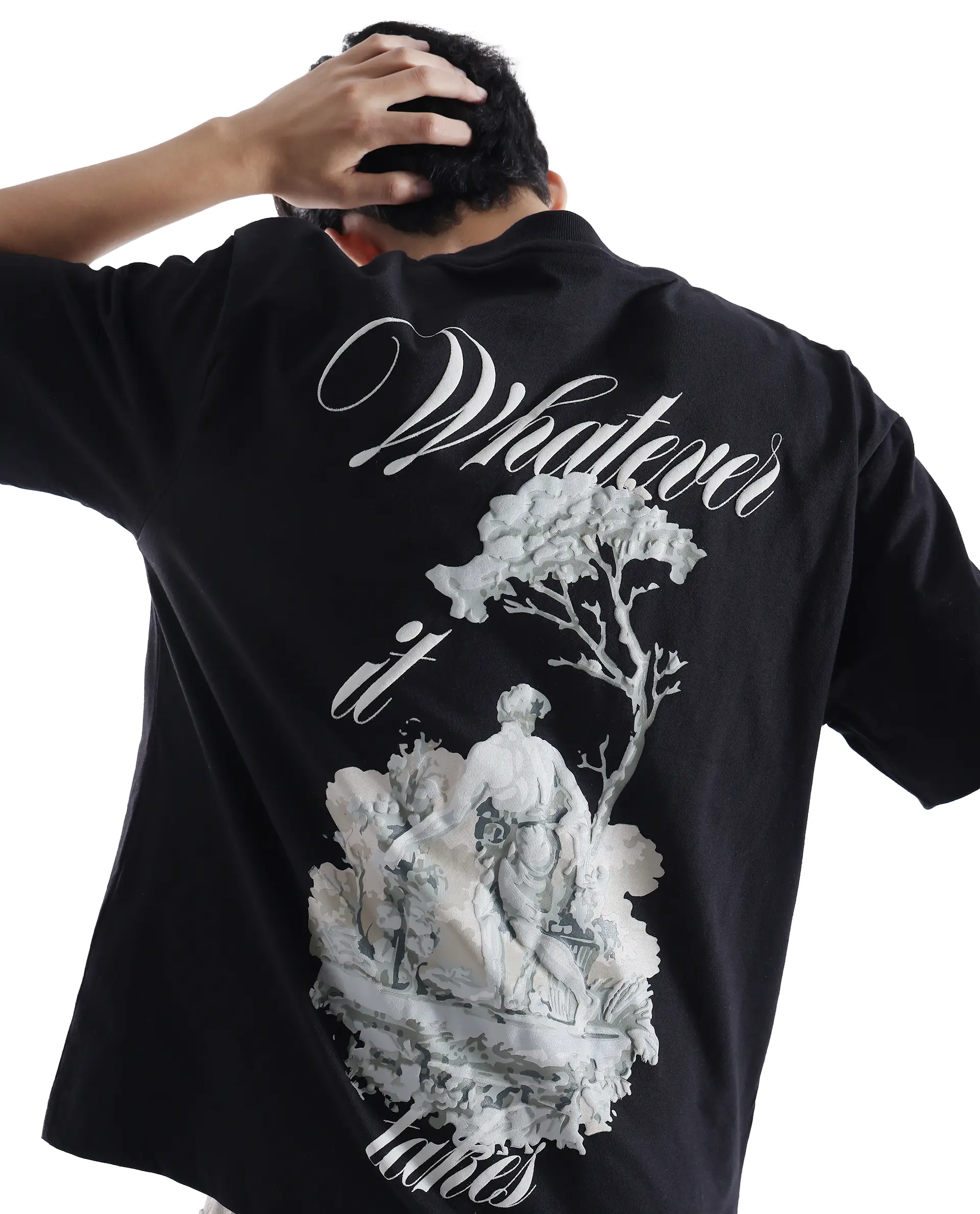 Rare Rabbit Men's Whatevr Black Cotton Graphic Print Oversized Fit Half Sleeve Crew Neck T-Shirt - Image 4