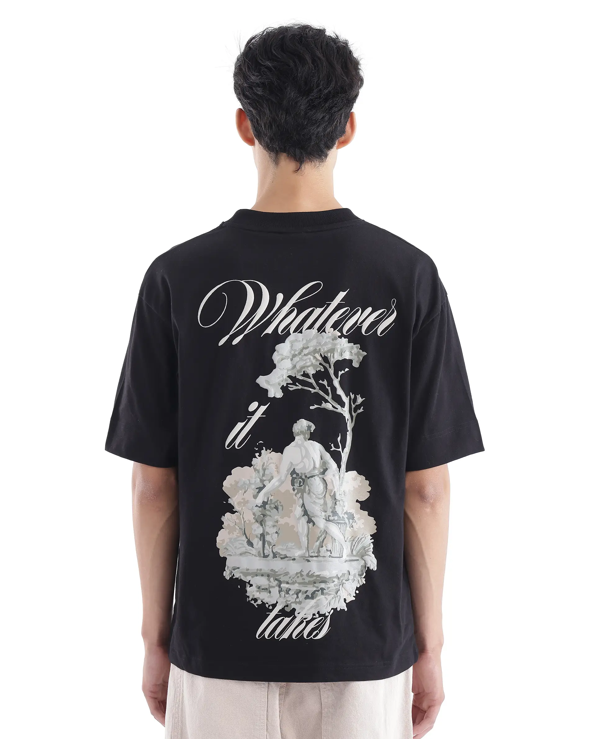 Rare Rabbit Men's Whatevr Black Cotton Graphic Print Oversized Fit Half Sleeve Crew Neck T-Shirt - Image 6