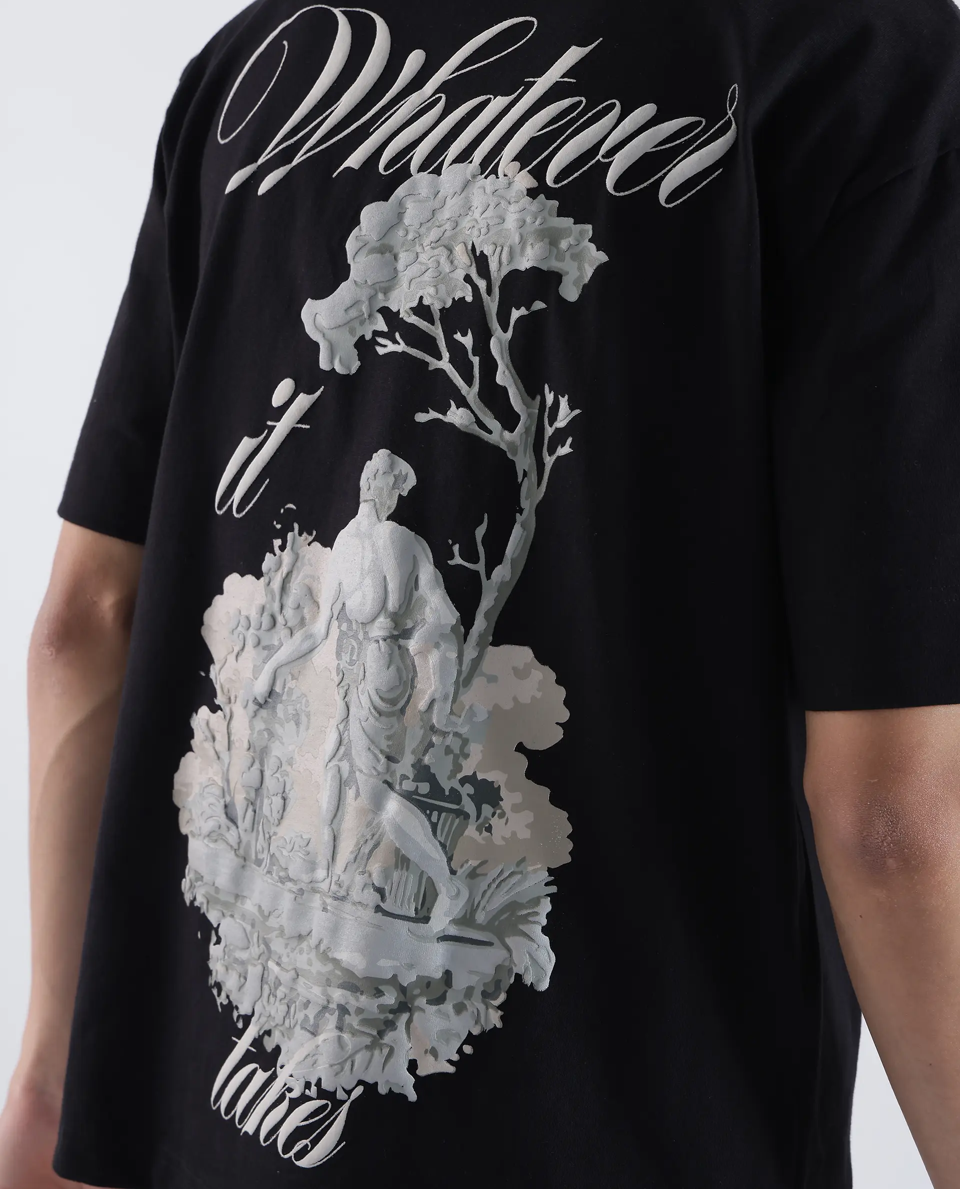 Rare Rabbit Men's Whatevr Black Cotton Graphic Print Oversized Fit Half Sleeve Crew Neck T-Shirt - Image 7