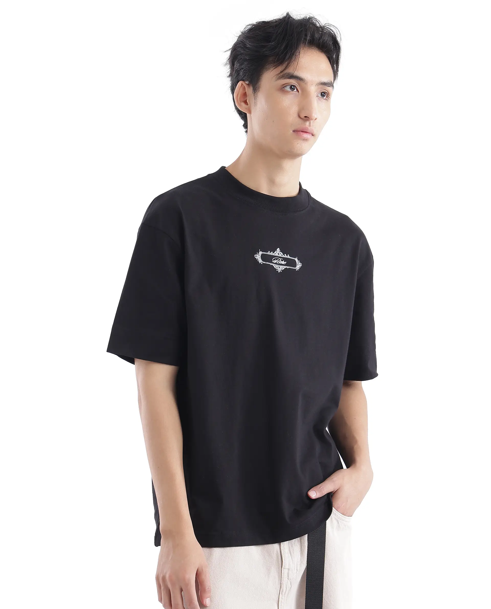 Rare Rabbit Men's Whatevr Black Cotton Graphic Print Oversized Fit Half Sleeve Crew Neck T-Shirt - Image 9