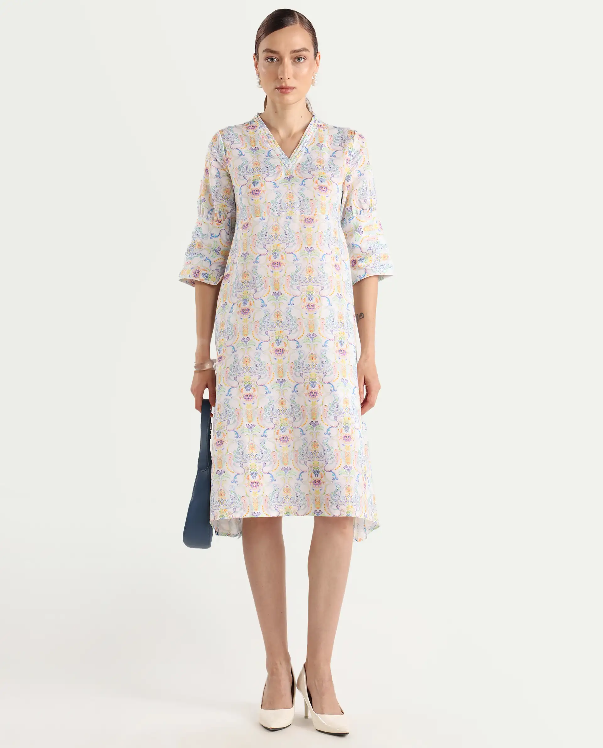 Rareism Women's Wherry Multi Linen V-Neck Abstract Print Midi Regular Fit Dress