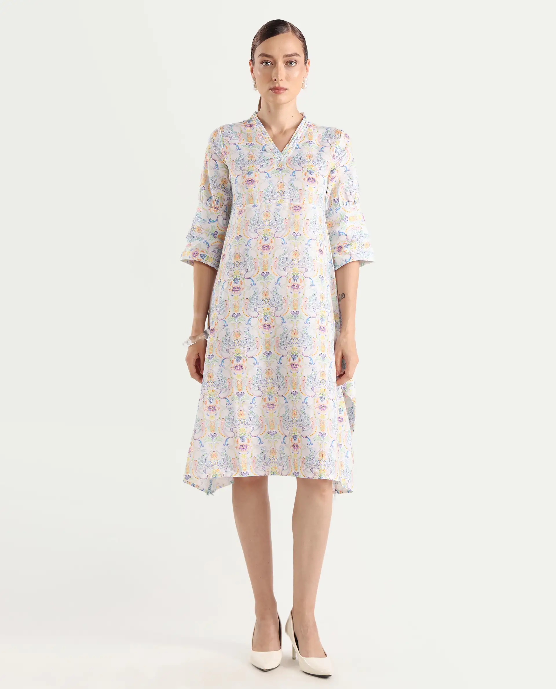 Rareism Women's Wherry Multi Linen V-Neck Abstract Print Midi Regular Fit Dress - Image 2